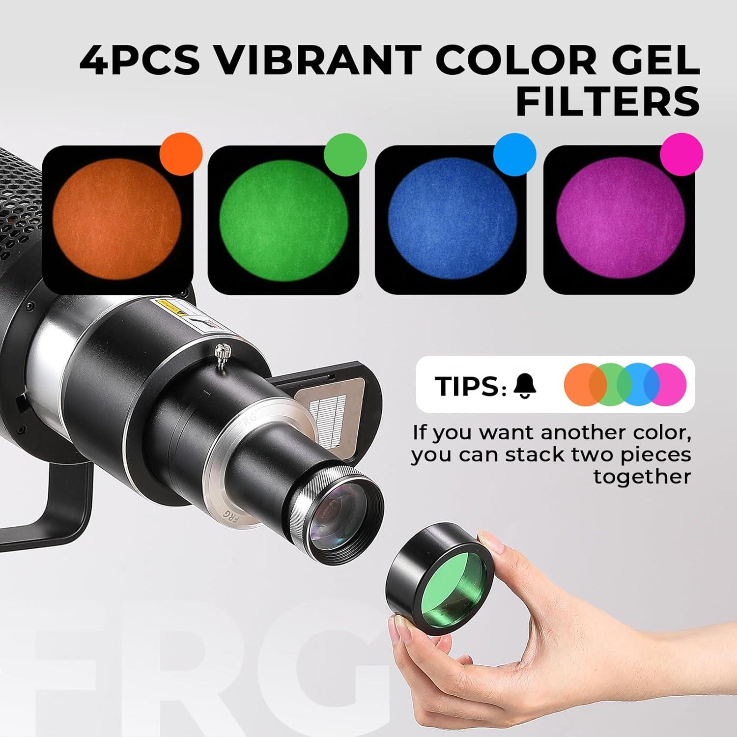 Snoot Óptico Bowens Flyrivergo con 25 Gobos y 4 Gelatinas