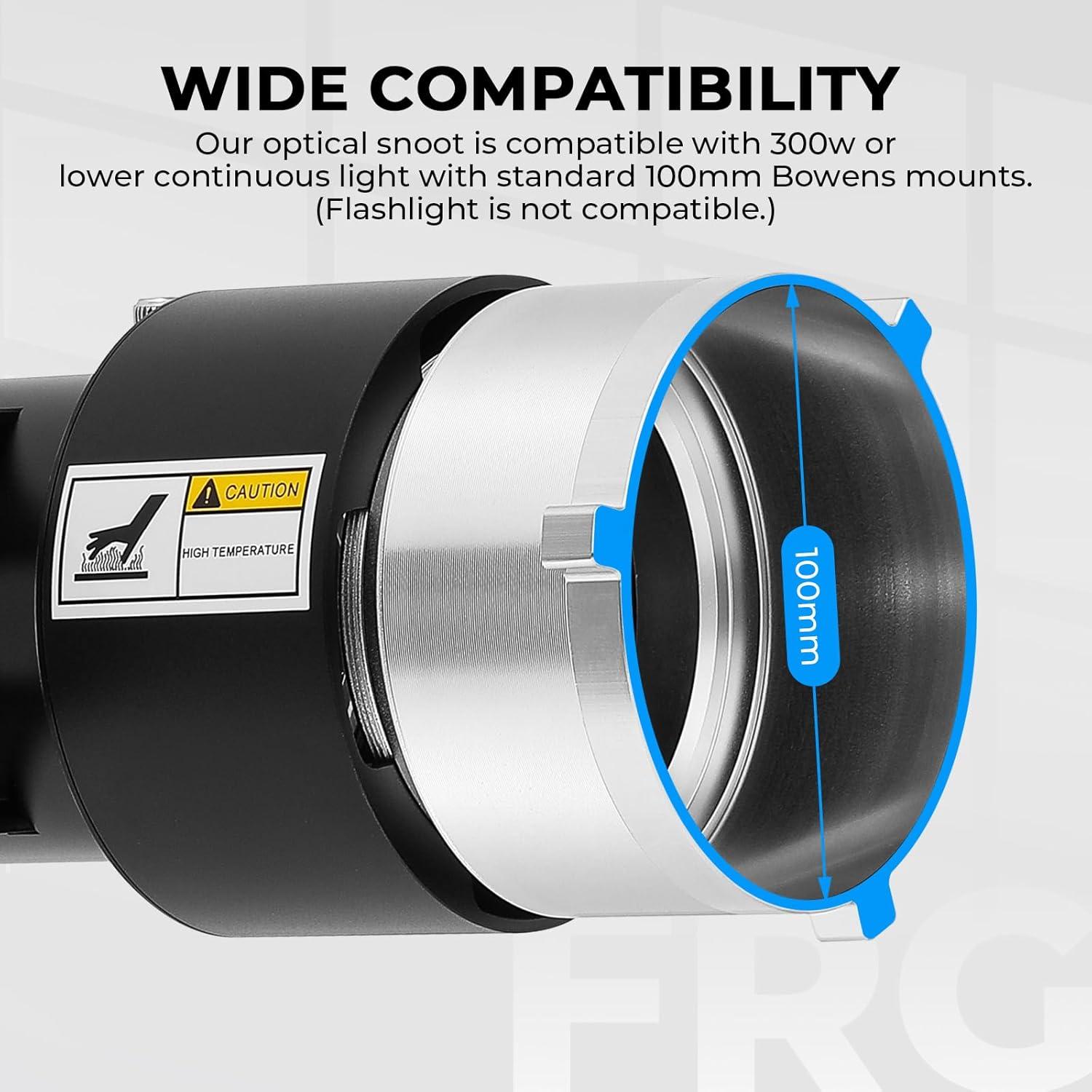 Snoot Óptico Bowens Flyrivergo con 25 Gobos y 4 Gelatinas