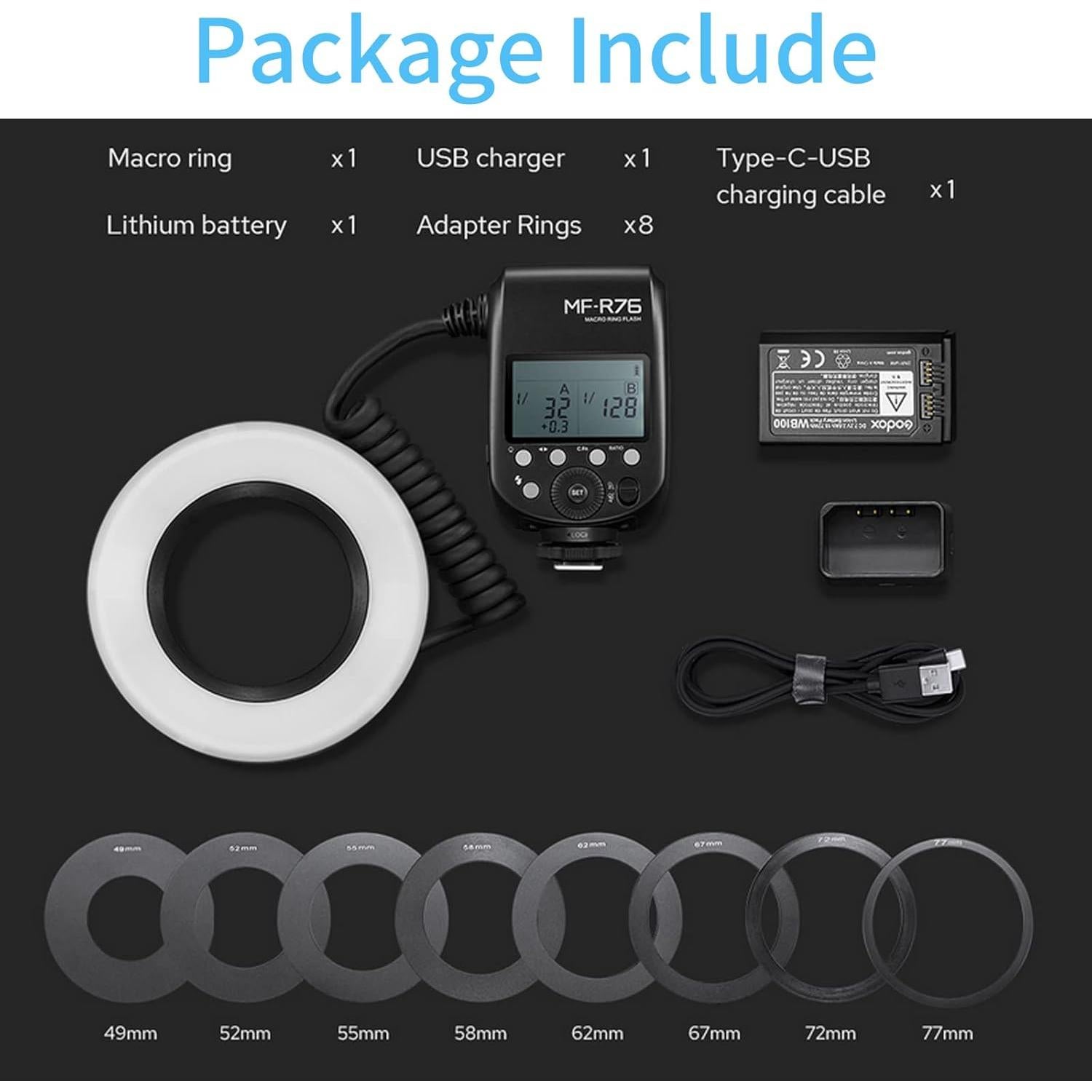 Flash Anular Macro Godox MF-R76 para Cámaras Sony, Canon, Nikon