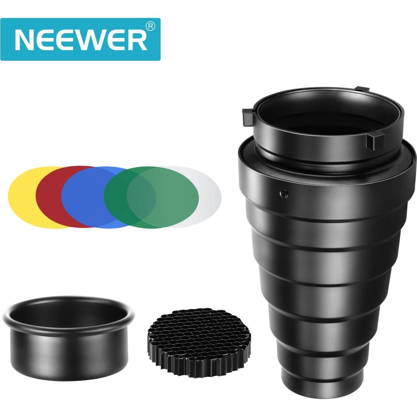 Snoot Cónico Neewer 22cm con Rejilla y 5 Filtros de Gel