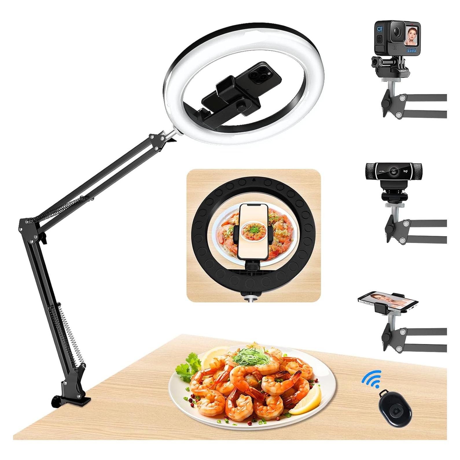 Overhead Phone Mount with Ring Light, 10’’ LED Selfie Light for Desk,with Stand and Phone Holder for iPhone and Camera,Overhead Tripod for Video Recording, Live Streaming, Zoom Meeting