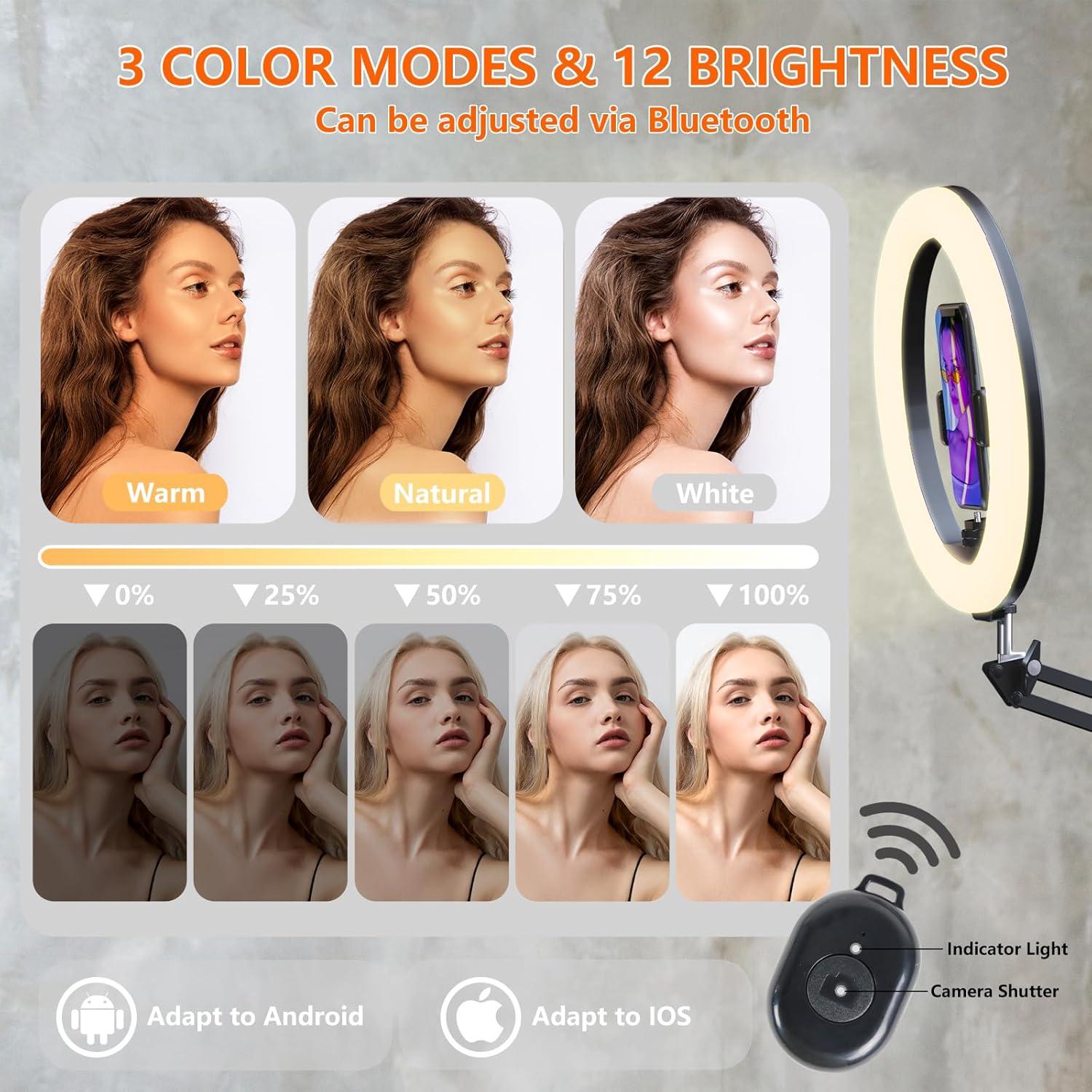 Overhead Phone Mount with Ring Light, 10’’ LED Selfie Light for Desk,with Stand and Phone Holder for iPhone and Camera,Overhead Tripod for Video Recording, Live Streaming, Zoom Meeting