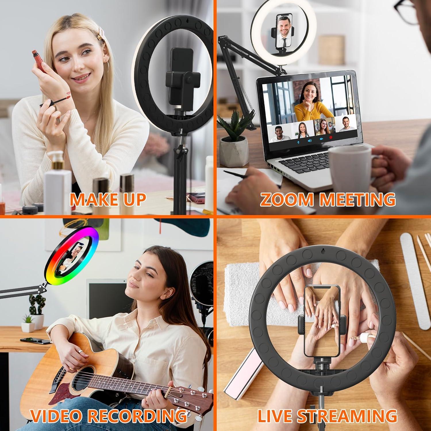 Overhead Phone Mount with Ring Light, 10’’ LED Selfie Light for Desk,with Stand and Phone Holder for iPhone and Camera,Overhead Tripod for Video Recording, Live Streaming, Zoom Meeting