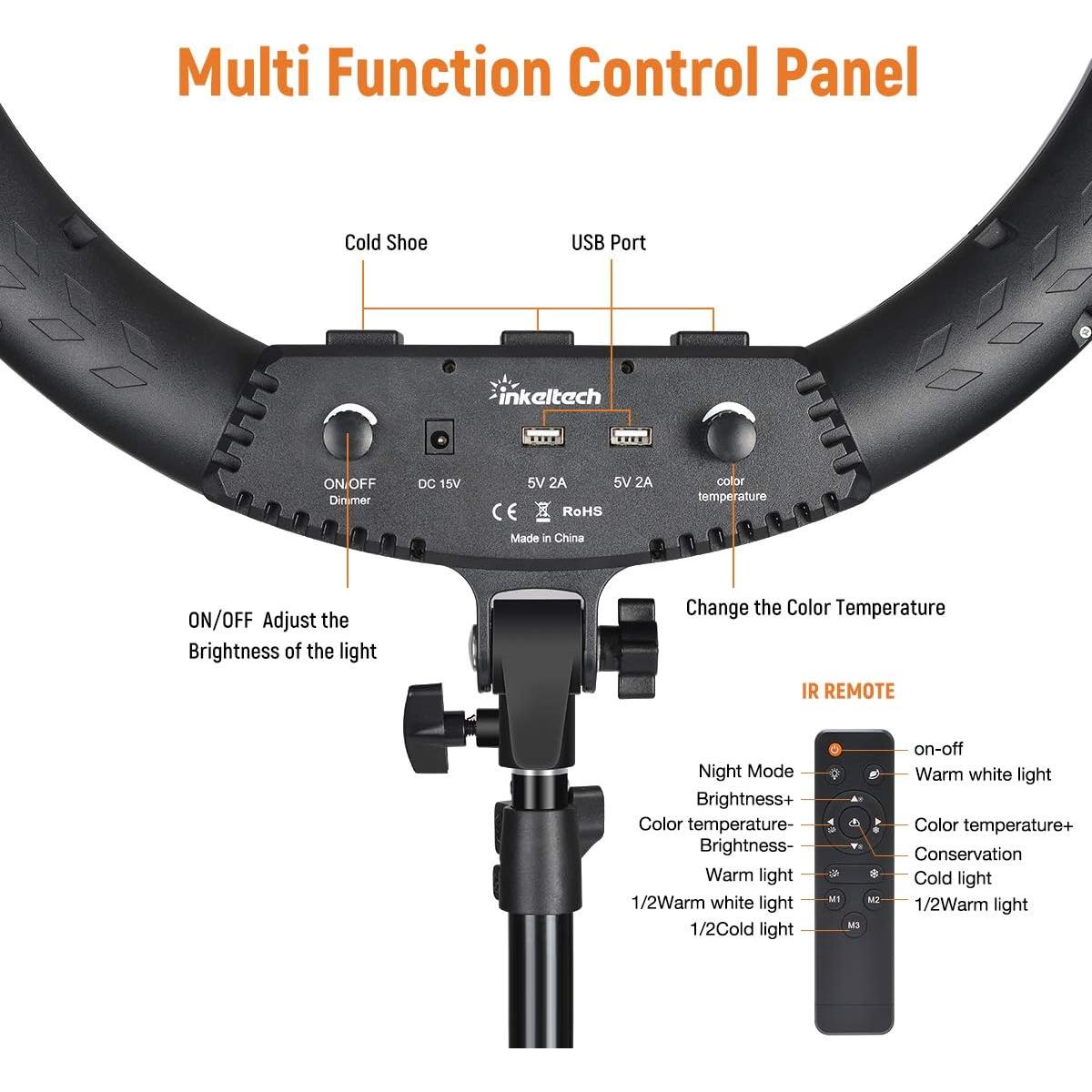 Inkeltech 21inch Ring Light with Tripod and Phone Holder, 3000K-6000K Dimmable Bi-Color LED Light Ring for Makeup, Selfie, Vlog, YouTube Video, Camera - Control with Remote