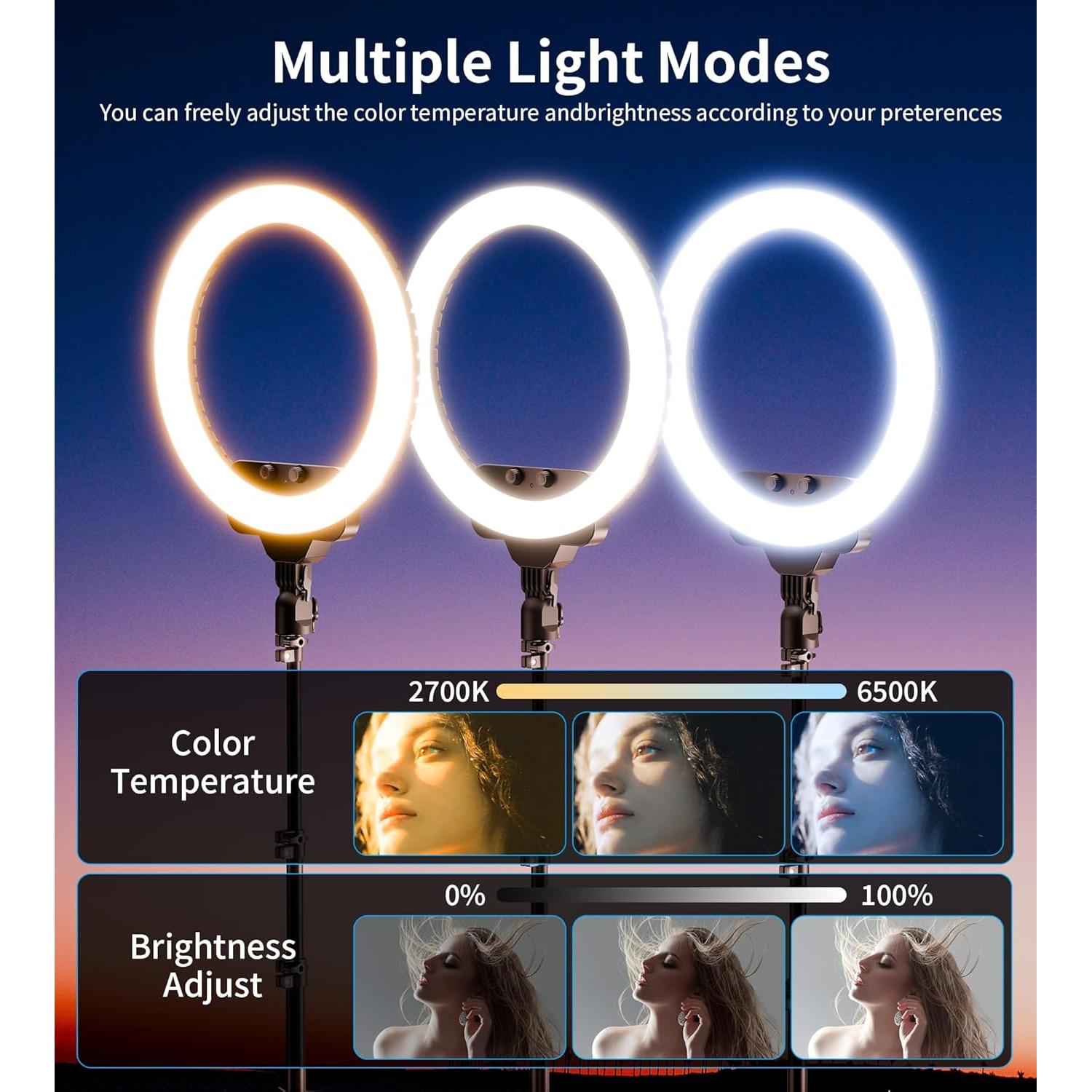 Kit Luz de Anillo 45W Zecti 18" Regulable 2700-6500K con Soporte