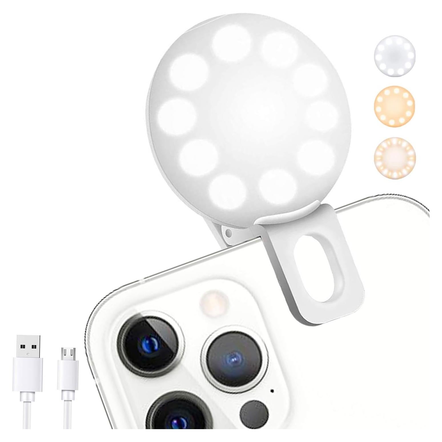 Mini Ring Light, Upgraded Sansent Small Clip On Ring Light, Portable LED Light for Phone, 4 Color Lighting Modes and Adjustable Brightness Selfie Light, Tool for Tiktok Stuff, Photos (White)