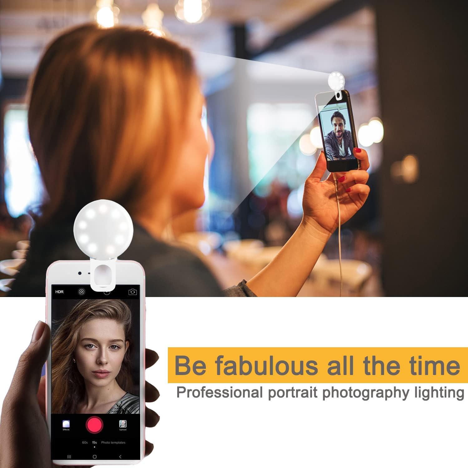 Mini Ring Light, Upgraded Sansent Small Clip On Ring Light, Portable LED Light for Phone, 4 Color Lighting Modes and Adjustable Brightness Selfie Light, Tool for Tiktok Stuff, Photos (White)