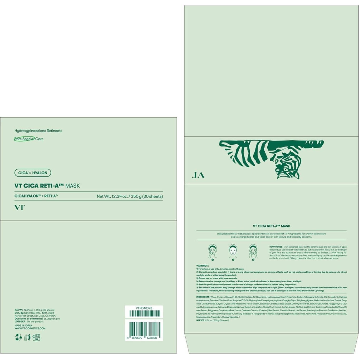 Máscara Facial VT COSMETICS CICA Reti-A 30 Hojas Hidratante