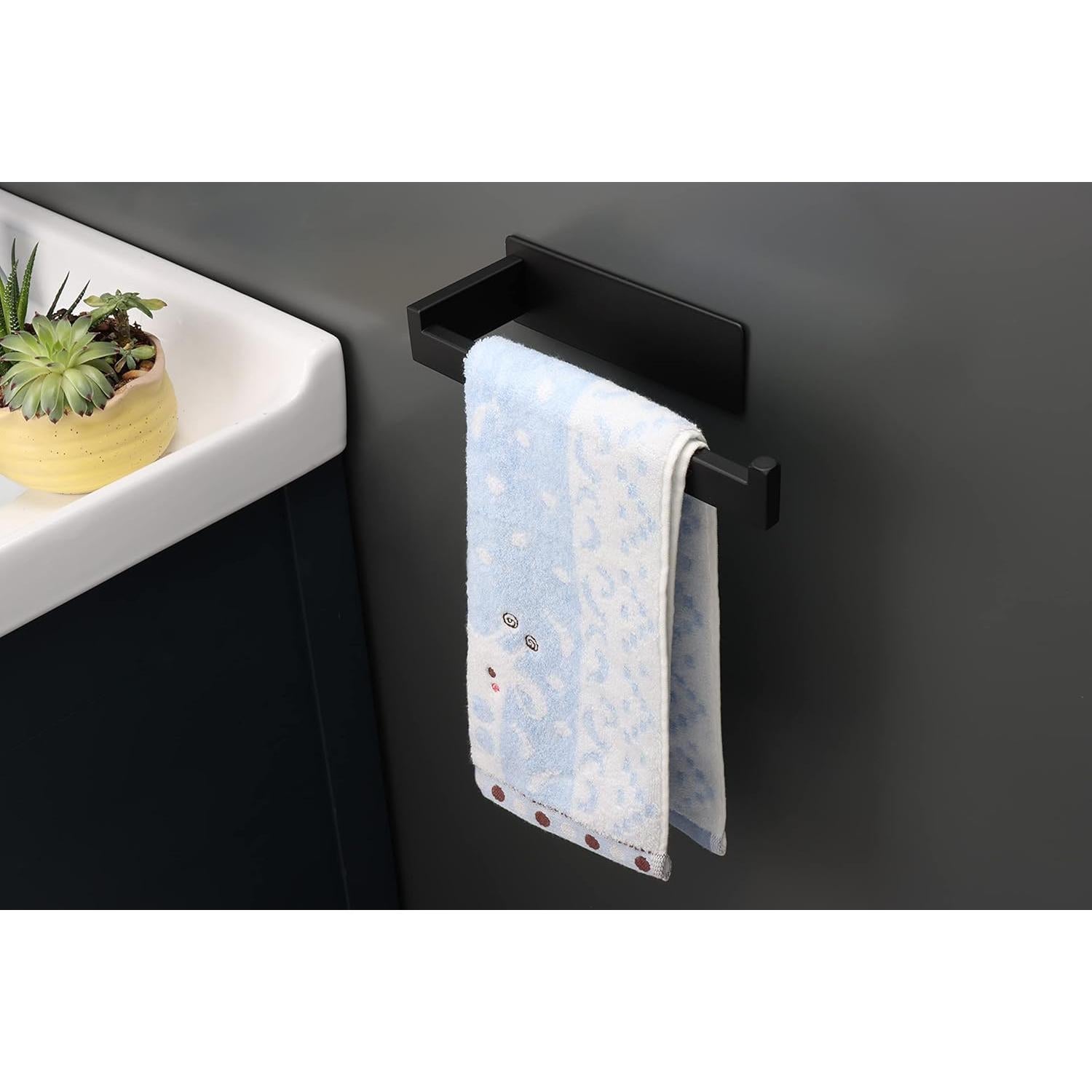 Hand Towel Holder, Strong Self Adhesive Hand Towel Ring, Thicken SUS304 Stainless Steel Hand Towel Bar/Rack, No Drilling Modern Hand Towel Hanger (Matte Black, 9 in)