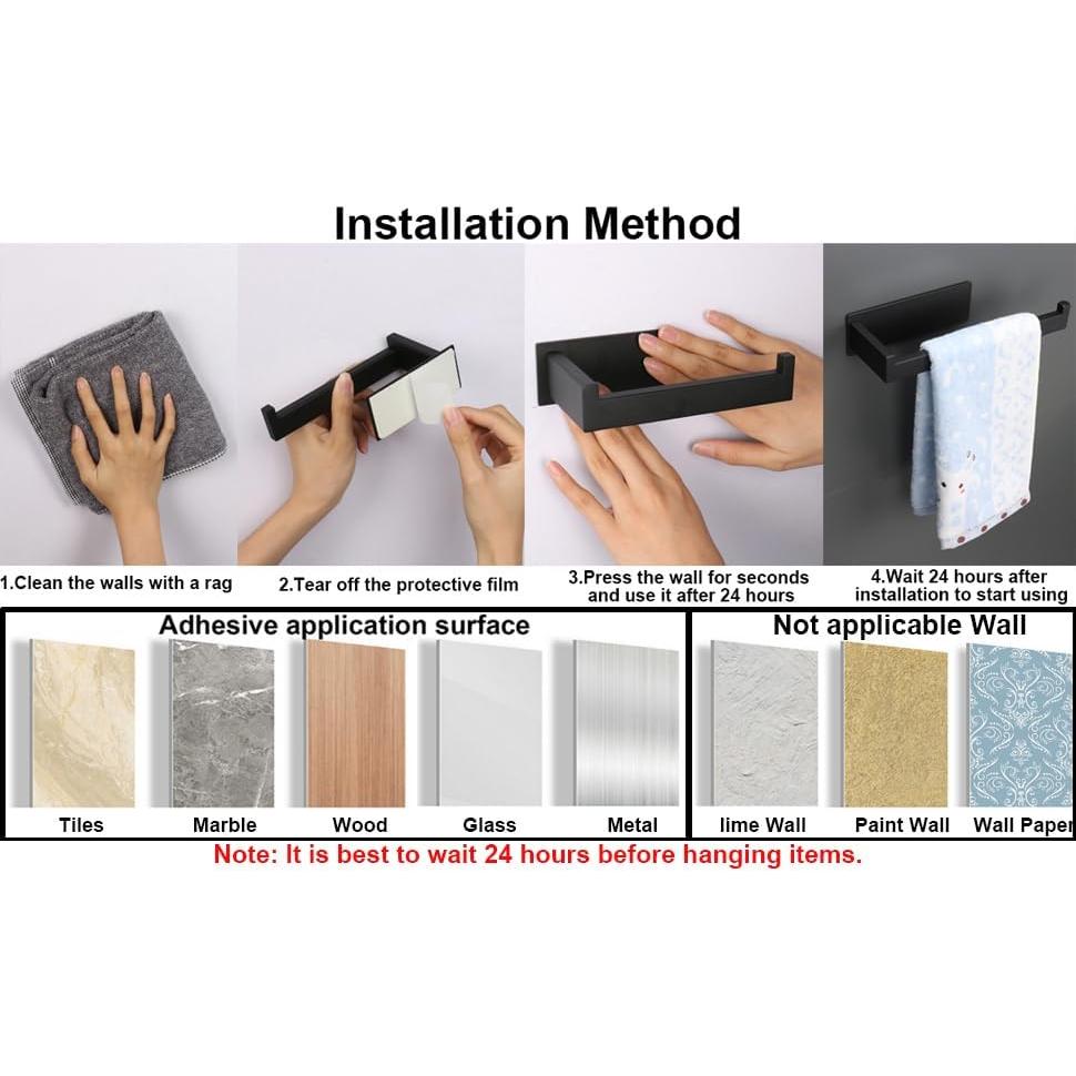 Hand Towel Holder, Strong Self Adhesive Hand Towel Ring, Thicken SUS304 Stainless Steel Hand Towel Bar/Rack, No Drilling Modern Hand Towel Hanger (Matte Black, 9 in)