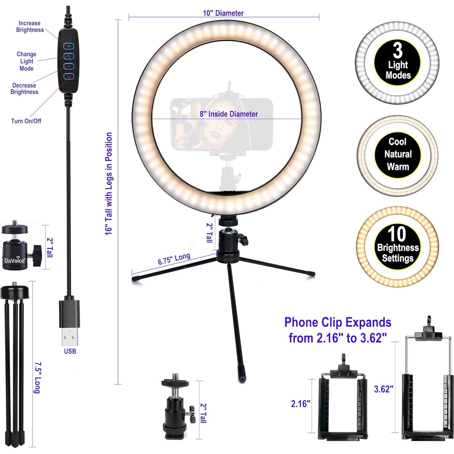Anillo de Luz LED DaVoice 25 cm con Soporte y 3 Modos