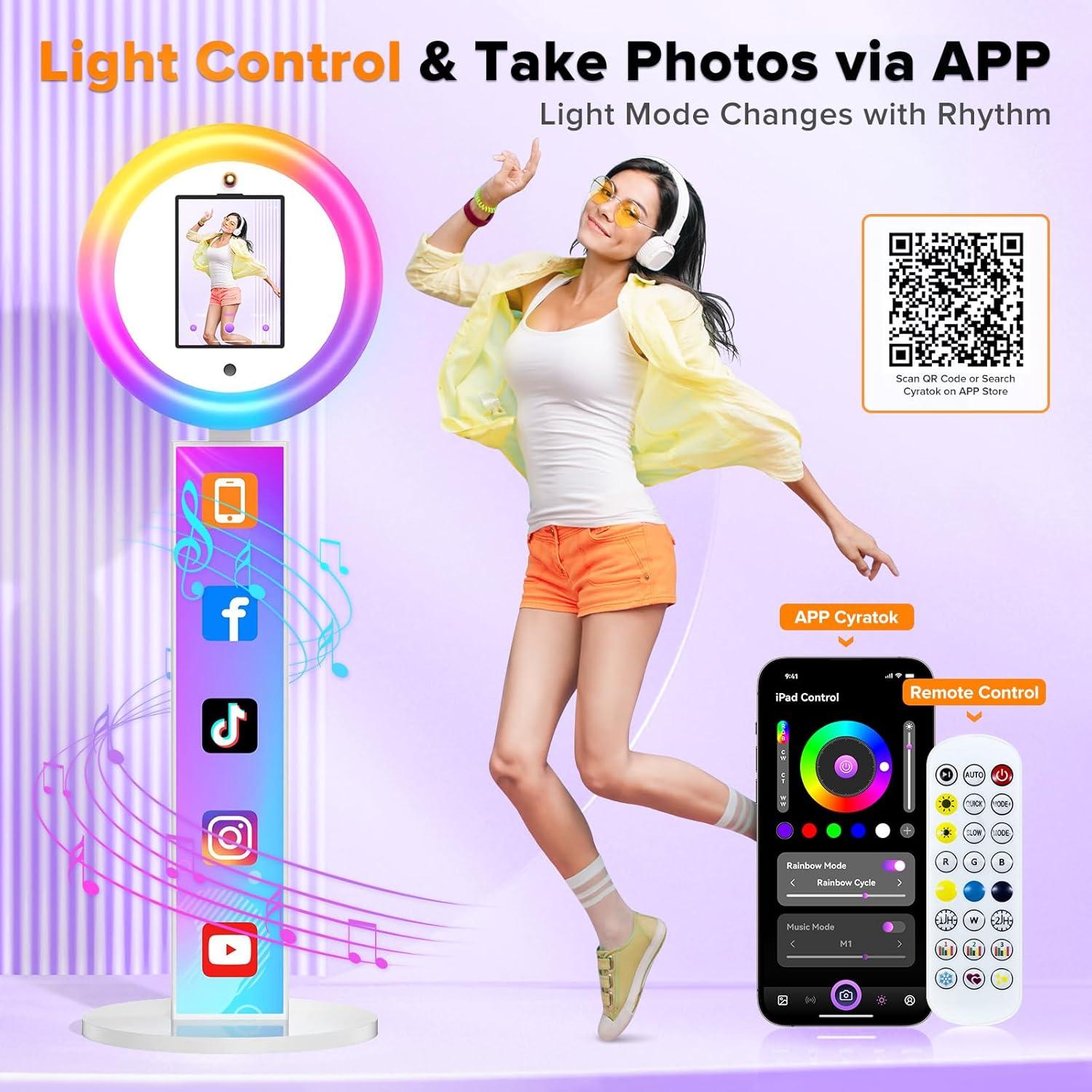 Portable Photo Booth for iPad 10.2in 10.9in 11in 12.9in 13in, Selfie Photobooth Stand Shell Machine with Light Ring Flight Case Logo Custom, Software Remote Control Music Sync for Parties