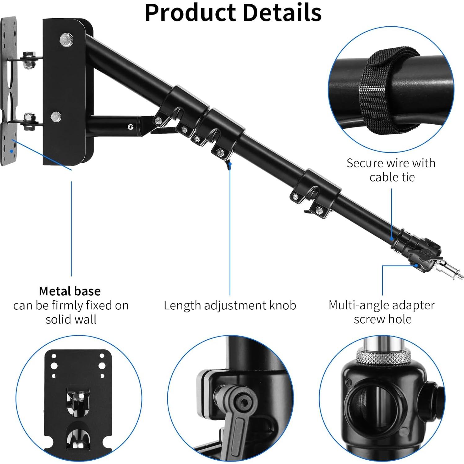 Selens Wall Mount Triangle Boom Arm 39.37inch/100cm, Ring Light Mount Support and Handle Adjustable Knob Accessory 180°Flexible Rotation for Studio Video Light, Monolight, Photography, Softbox, Reflec