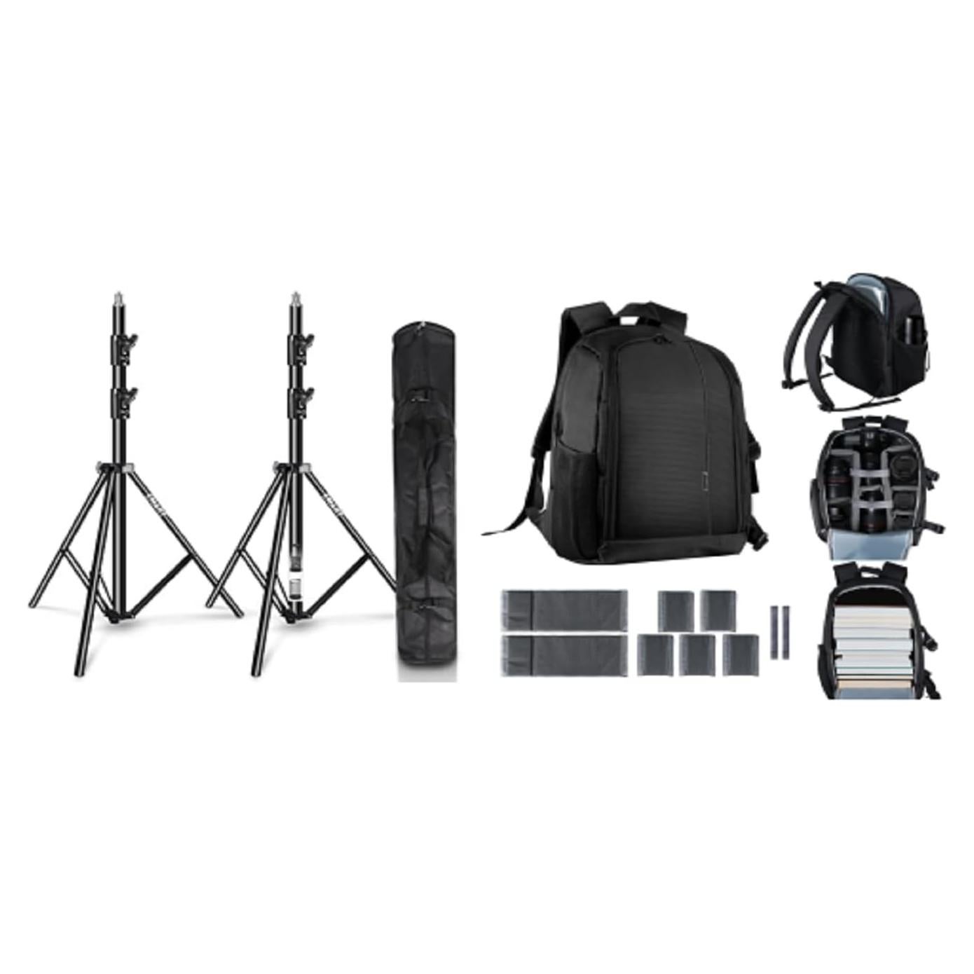 EMART 2 Pack Heavy Duty Light Stand 8.5ft, Aluminum Construction, Photo Video Studio Tripod，and Camera Bag Backpack Professional for DSLR/SLR Mirrorless Camera Accessories with Waterproof Rain Cover