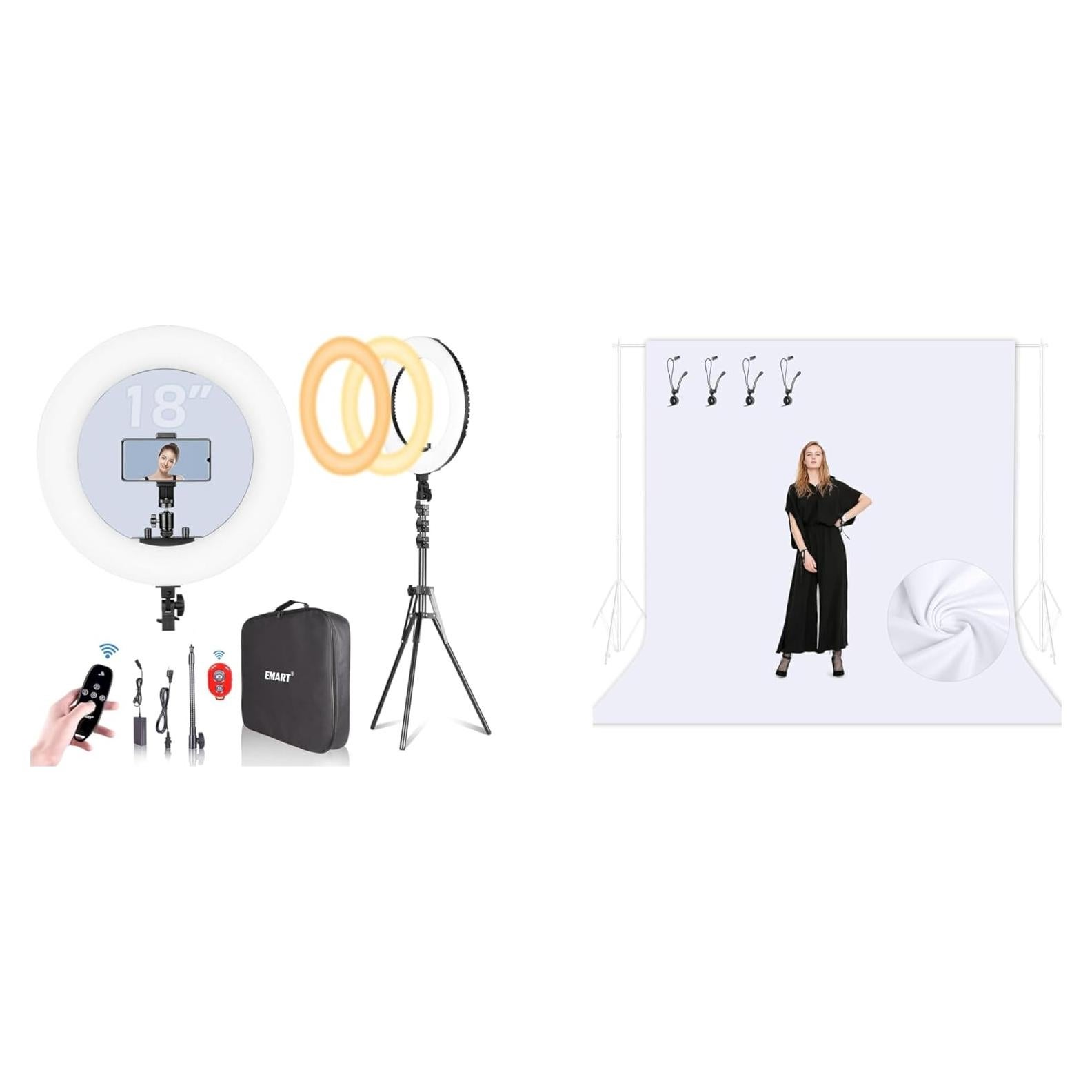 Luz de Anillo LED EMART 45 cm con Soporte y Fondo Blanco 2.5x3 m