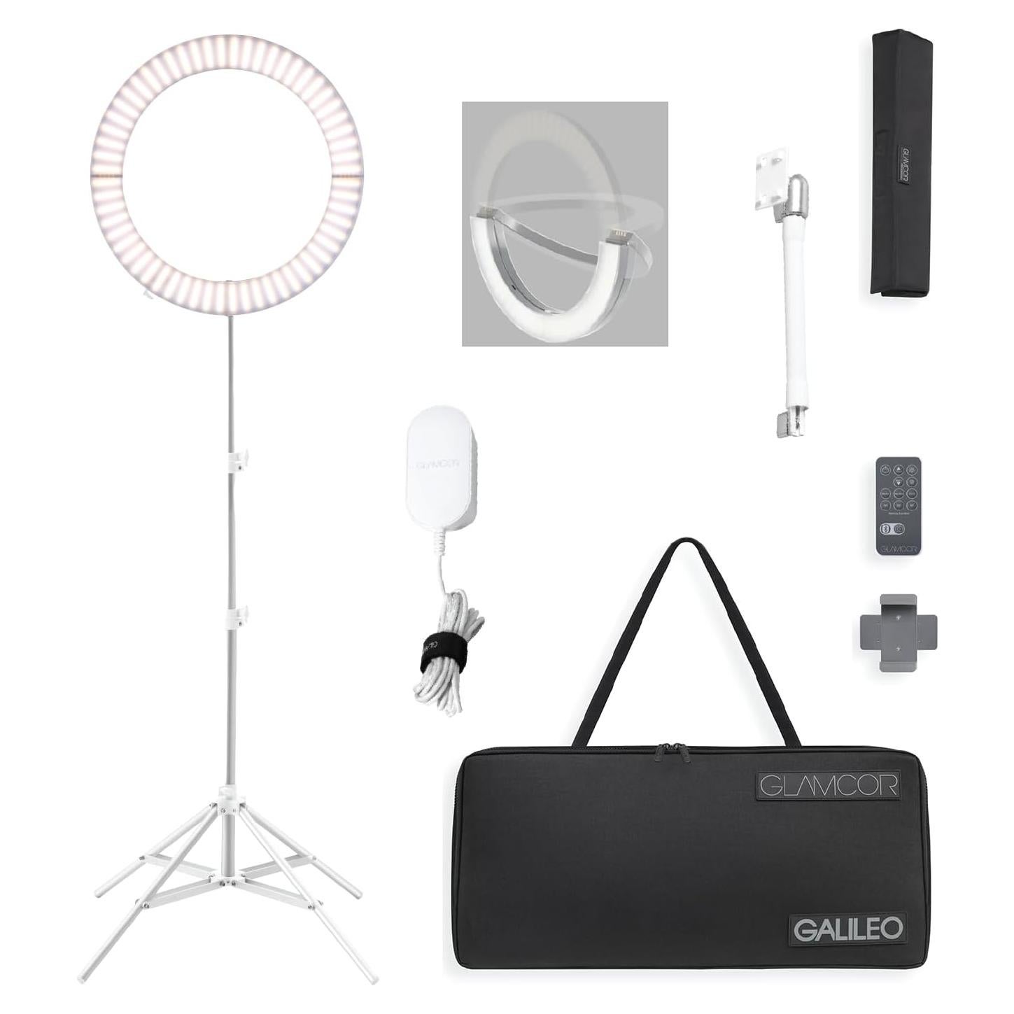 GLAMCOR Galileo Portable Ring Light Kit | 18" Foldable LED Ring Light with 2,700K - 5,600K Color Temperature Range, Remote with Presets and Smartphone Bluetooth Control, Travel Bag Included (White)