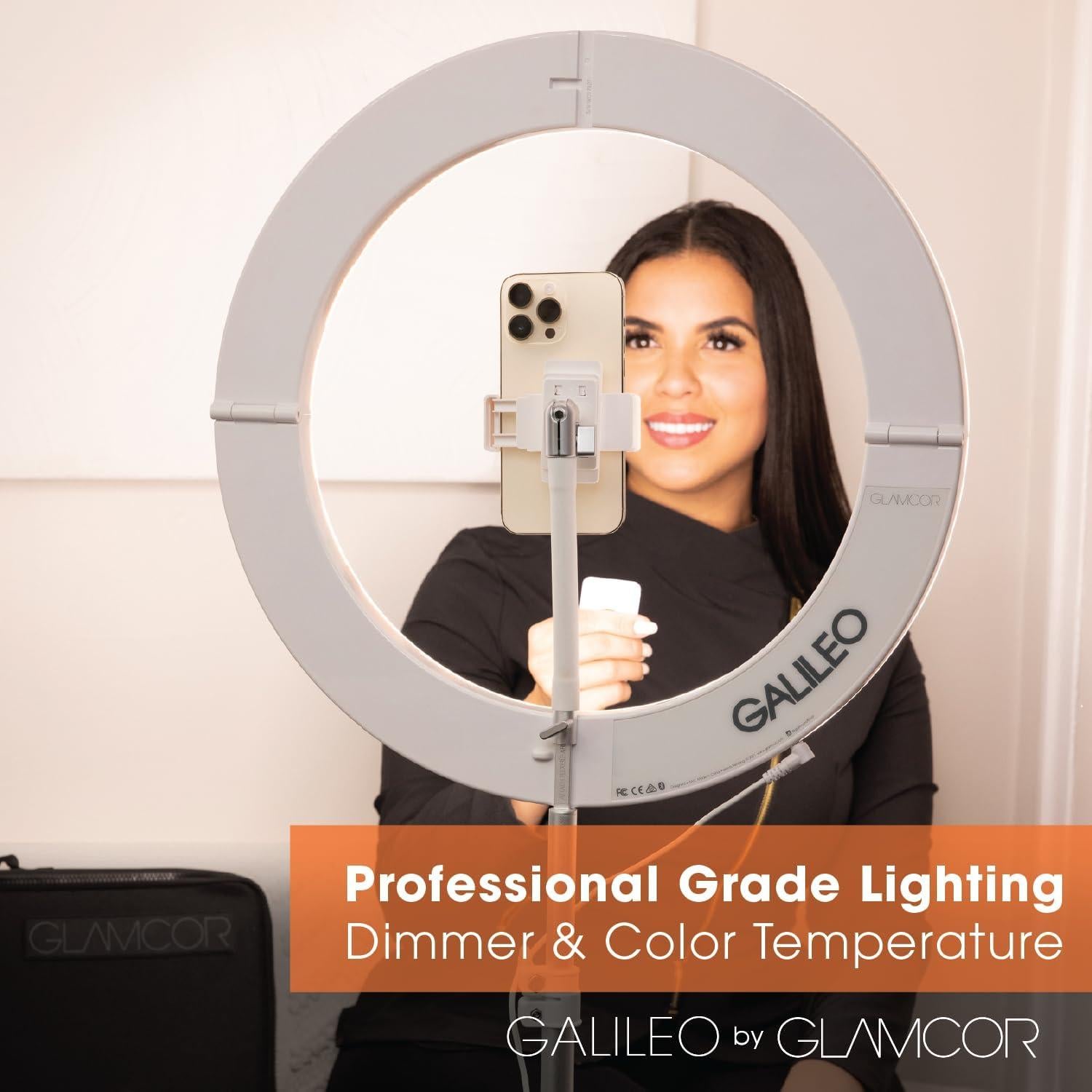 GLAMCOR Galileo Portable Ring Light Kit | 18" Foldable LED Ring Light with 2,700K - 5,600K Color Temperature Range, Remote with Presets and Smartphone Bluetooth Control, Travel Bag Included (White)