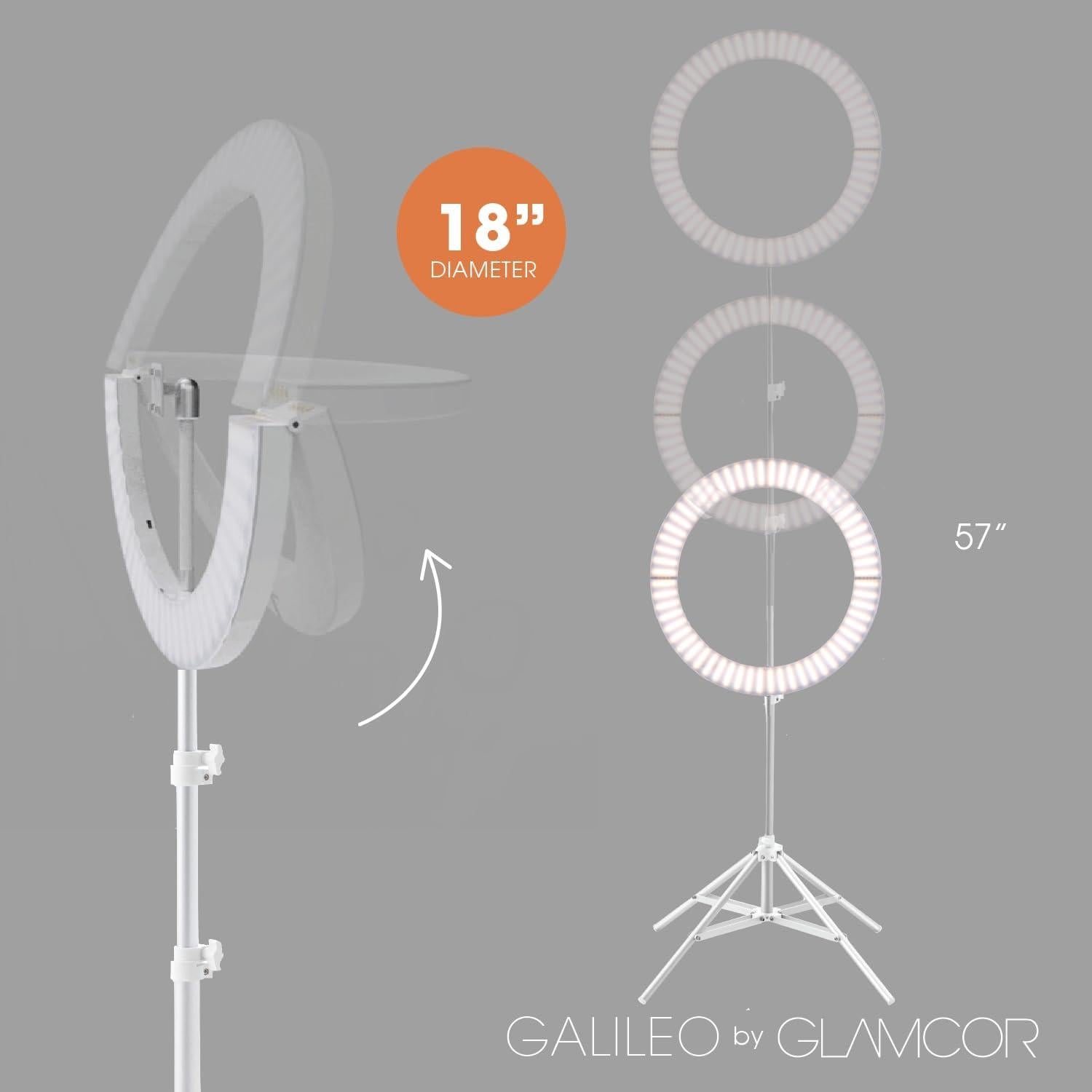 GLAMCOR Galileo Portable Ring Light Kit | 18" Foldable LED Ring Light with 2,700K - 5,600K Color Temperature Range, Remote with Presets and Smartphone Bluetooth Control, Travel Bag Included (White)
