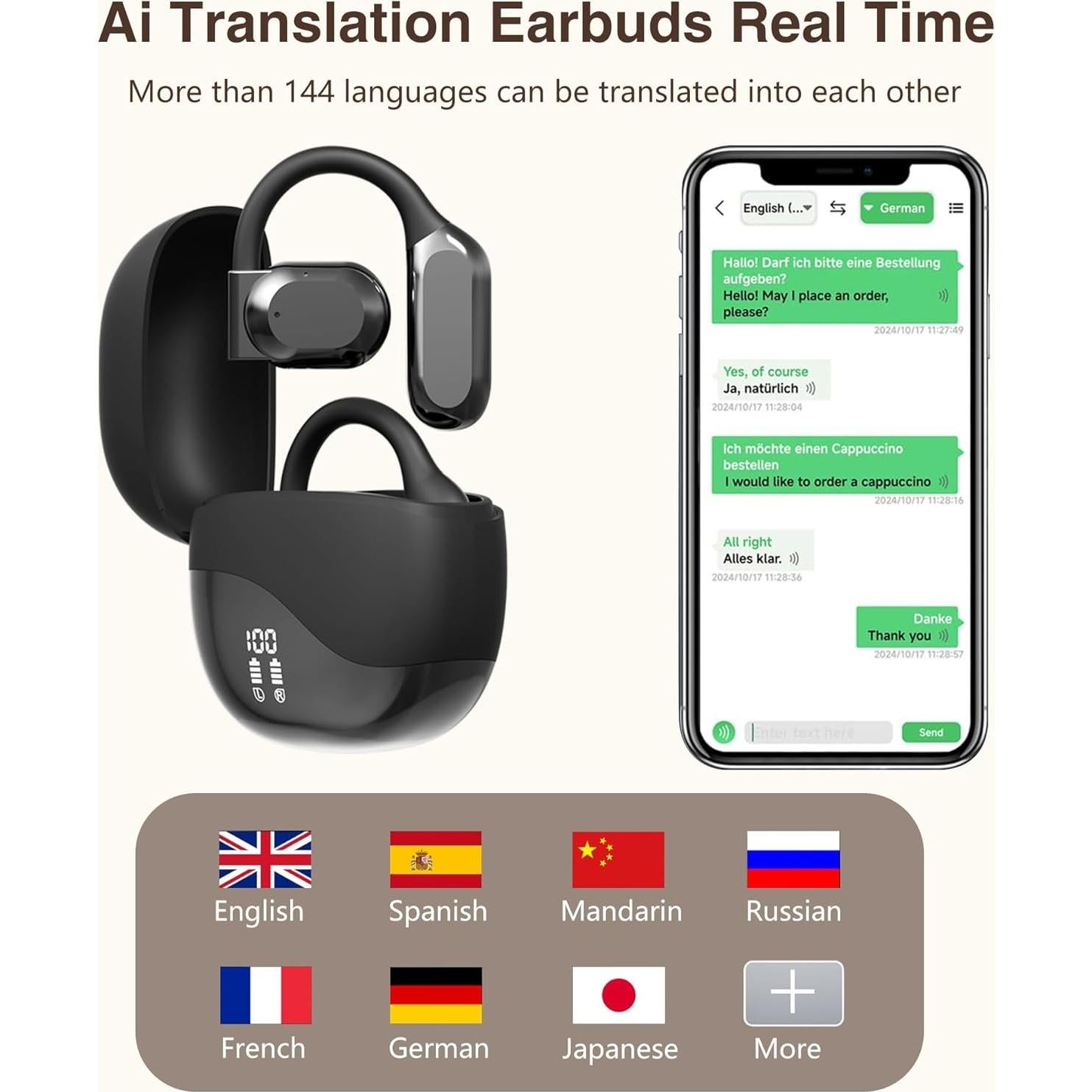 Auriculares Traductores AI Bluetooth - 144 Idiomas, Negro