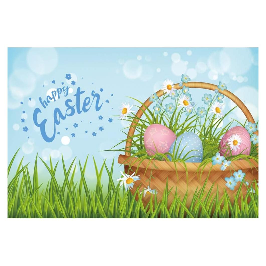 Leyiyi 5x4ft Cartoon Happy Easter Backdrop Brown Bamboo Basket Colorful Eggs Green Grass Blue Sky Photography Background Bokeh Light Ring Photo Portrait Polyester Studio Prop