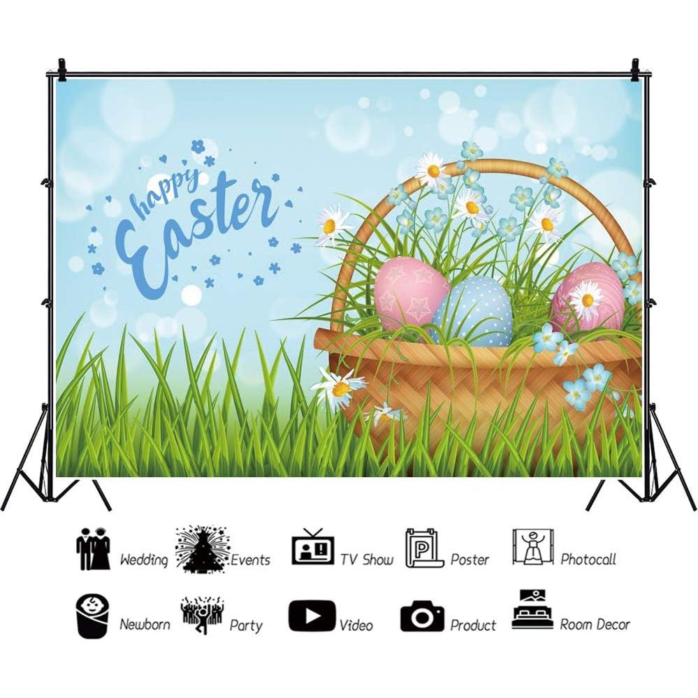 Leyiyi 5x4ft Cartoon Happy Easter Backdrop Brown Bamboo Basket Colorful Eggs Green Grass Blue Sky Photography Background Bokeh Light Ring Photo Portrait Polyester Studio Prop