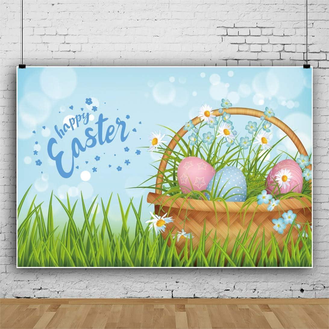 Leyiyi 5x4ft Cartoon Happy Easter Backdrop Brown Bamboo Basket Colorful Eggs Green Grass Blue Sky Photography Background Bokeh Light Ring Photo Portrait Polyester Studio Prop