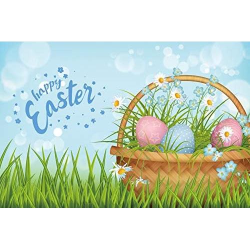 Leyiyi 5x4ft Cartoon Happy Easter Backdrop Brown Bamboo Basket Colorful Eggs Green Grass Blue Sky Photography Background Bokeh Light Ring Photo Portrait Polyester Studio Prop
