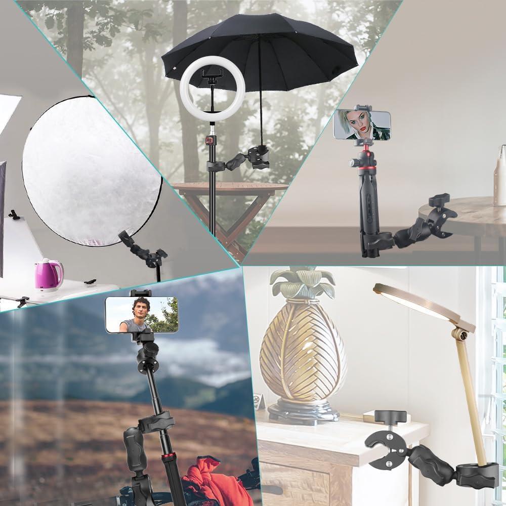Double Clamp Mount Umbrella Chair Clamp with 360° Magic Arm, Umbrella Holder Clip for Chair Wheelchair Stroller Light Stand, Photography Reflector, Motorcycle, Live Scope Pole, Photo Boom Stand