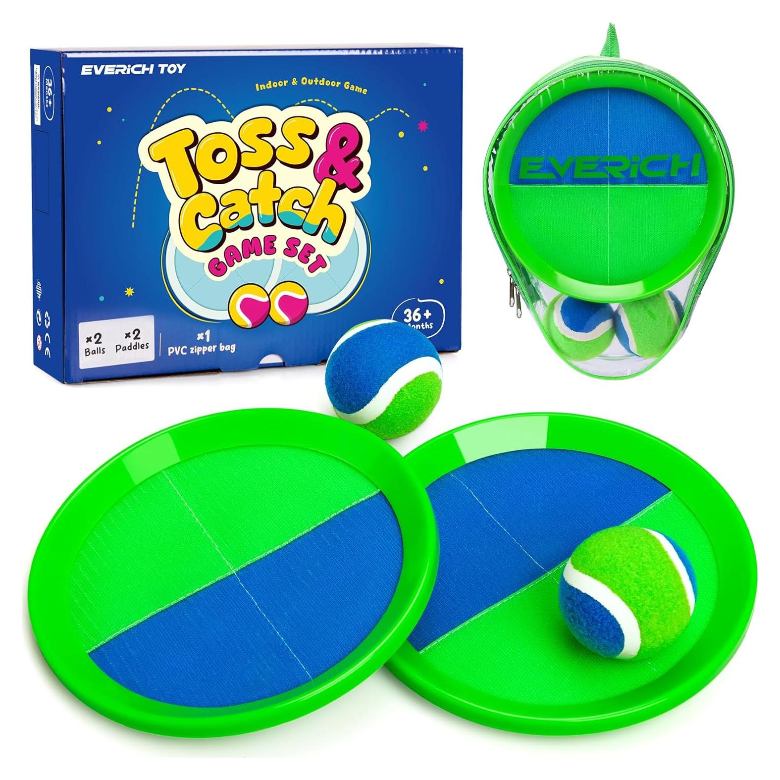 Juego de Lanzar y Atrapar EVERICH 2 Palas 2 Pelotas Azul Verde