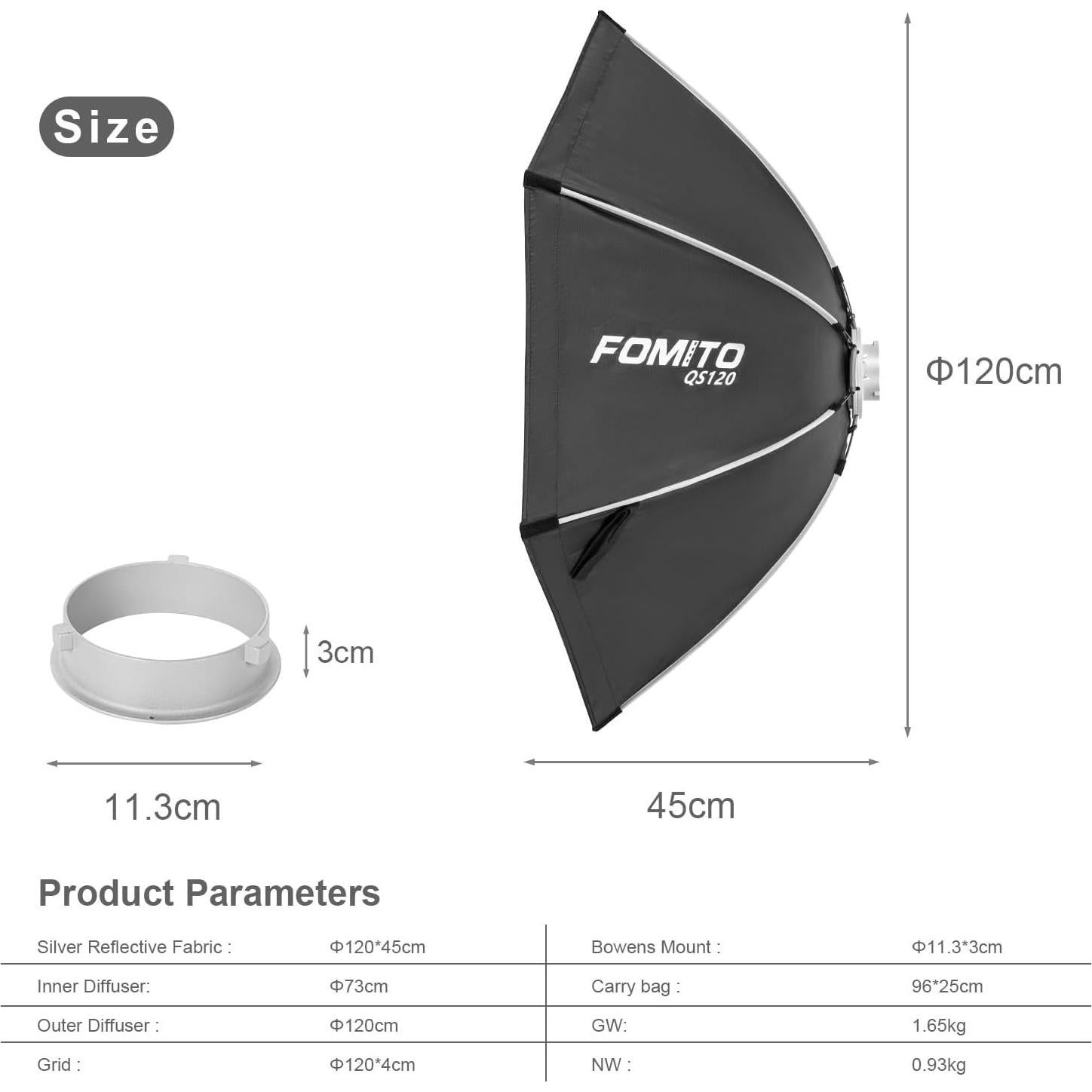 Softbox Octagonal 120cm FOMITO con Montura Bowens y Rejilla