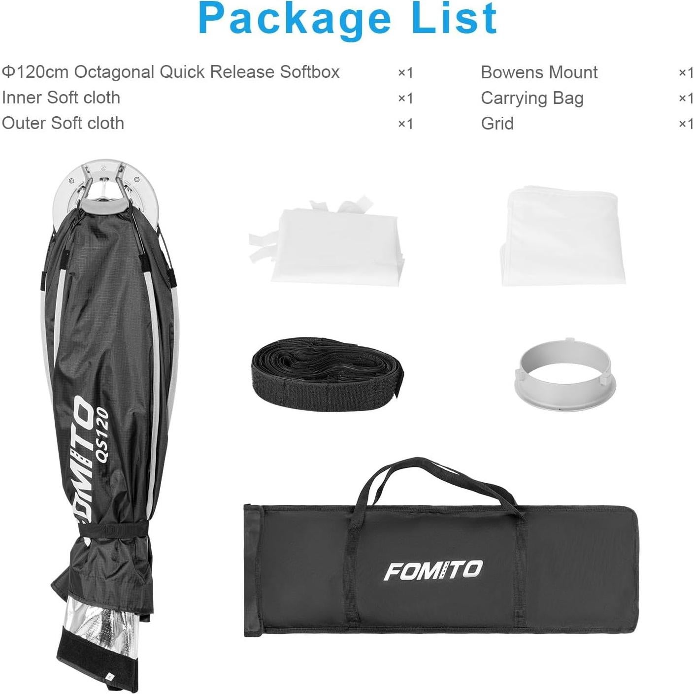 Softbox Octagonal 120cm FOMITO con Montura Bowens y Rejilla