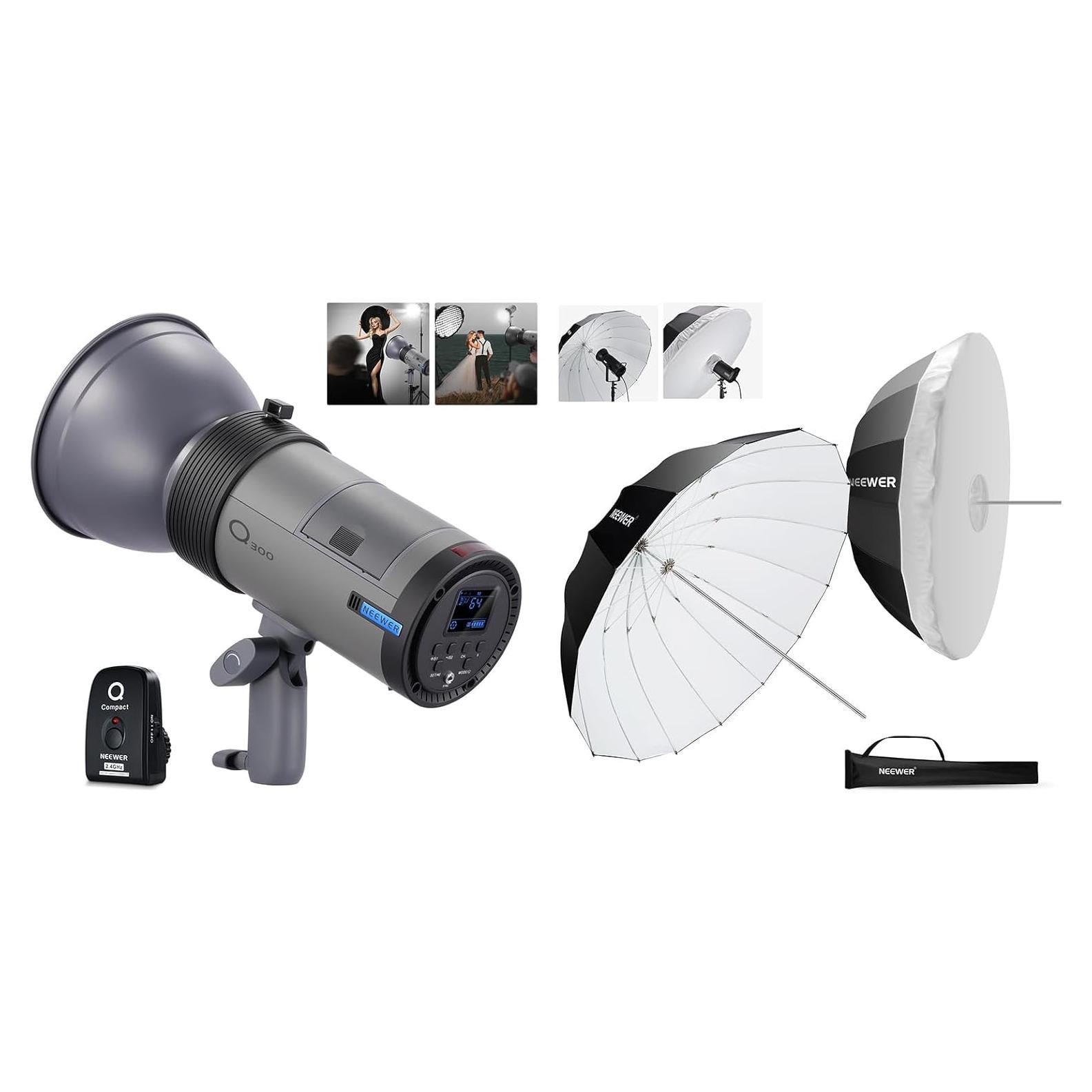Flash Estudio NEEWER Q300 300Ws Inalámbrico con Paraguas 180cm