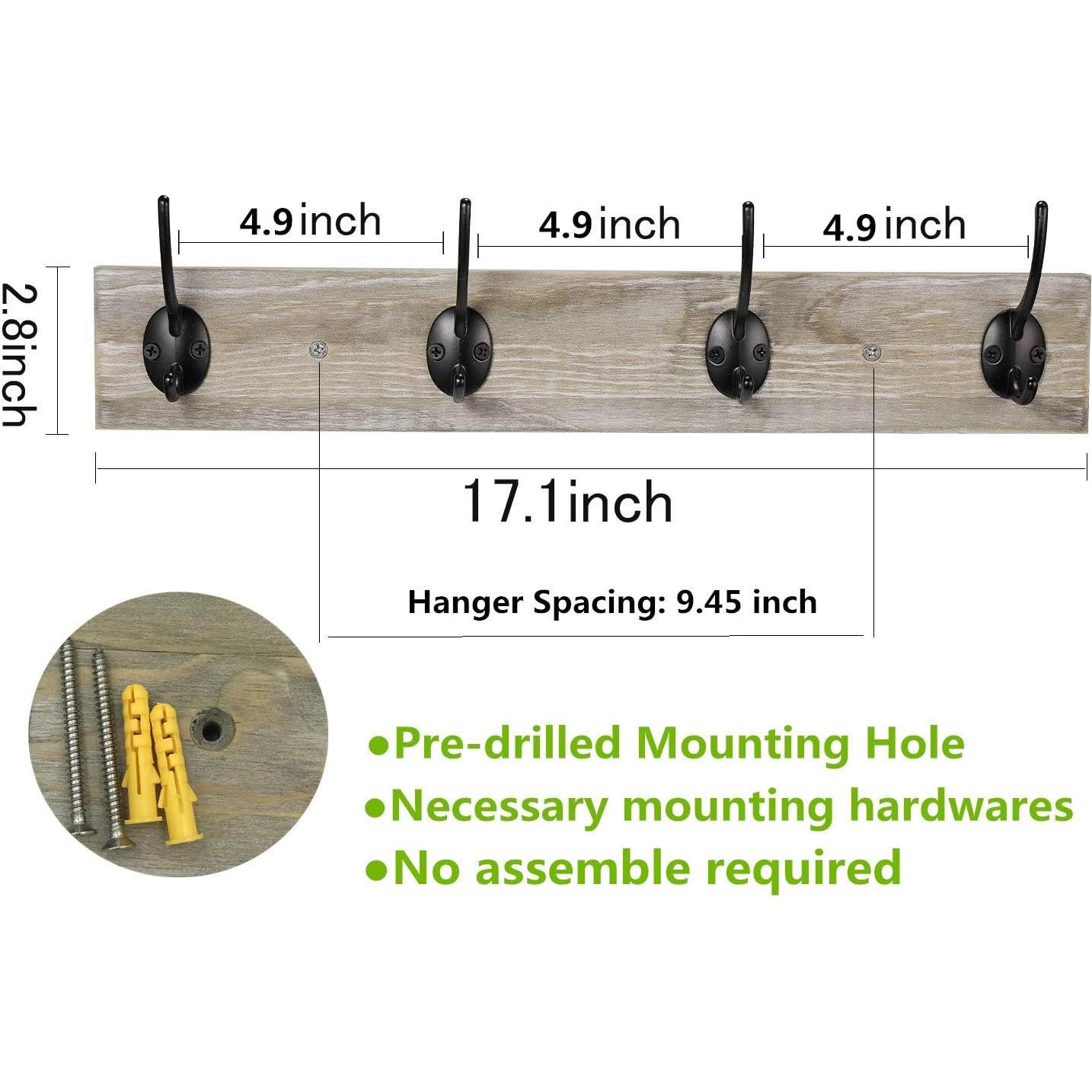 Perchero de pared Sageme rústico de pino con 4 ganchos