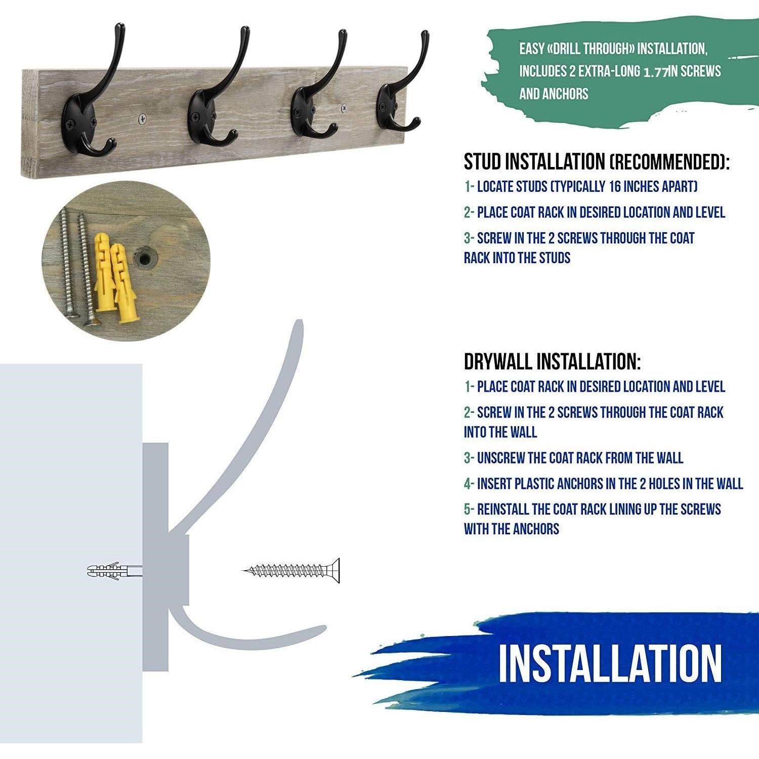Perchero de pared Sageme rústico de pino con 4 ganchos