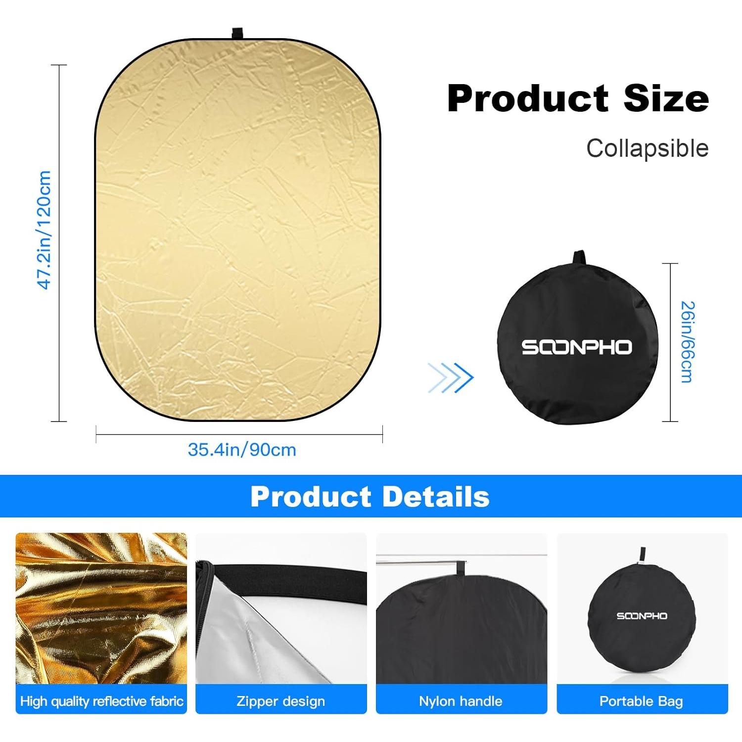 Soonpho Reflector Photography 35 x 47 inch/90 x 120cm 5-in-1 Collapsible Oval Light Reflectors Diffuser for Photography with Holder Cilp and Carring Case for Studio, Outdoor Lighting and Shooting