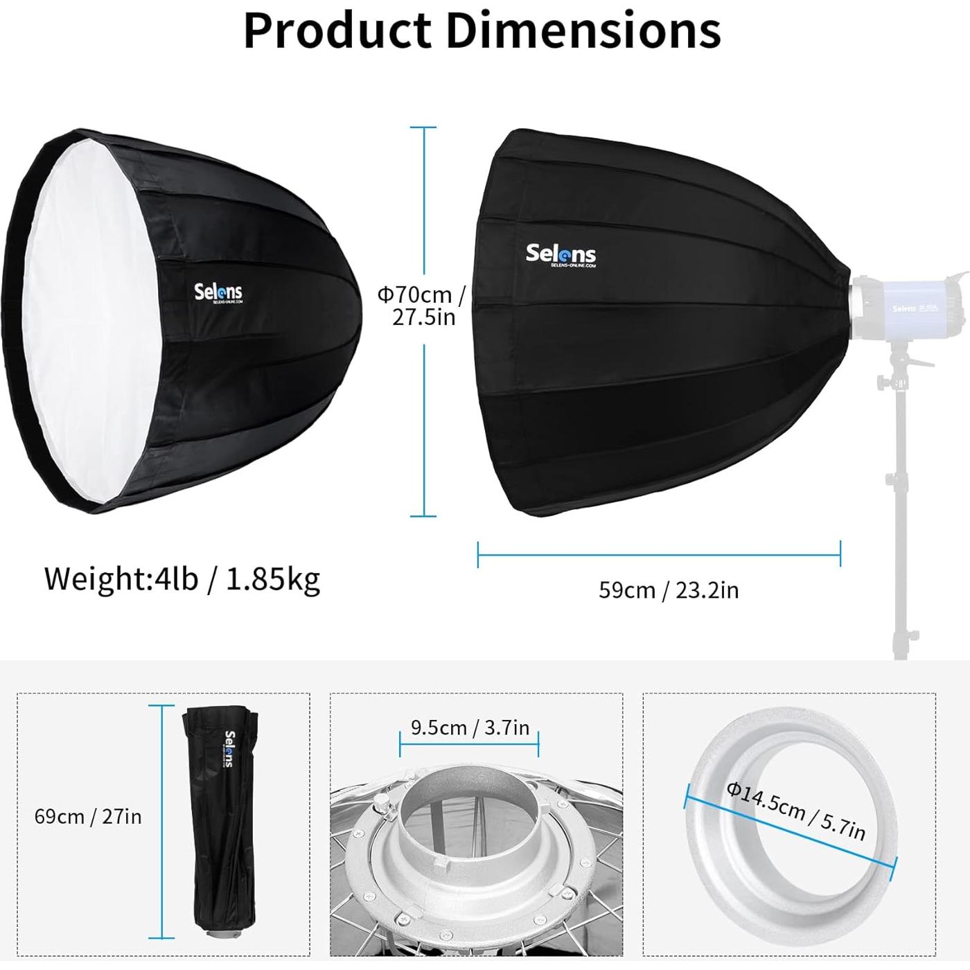 Softbox Parabólico Profundo Selens 70 cm Montura Bowens