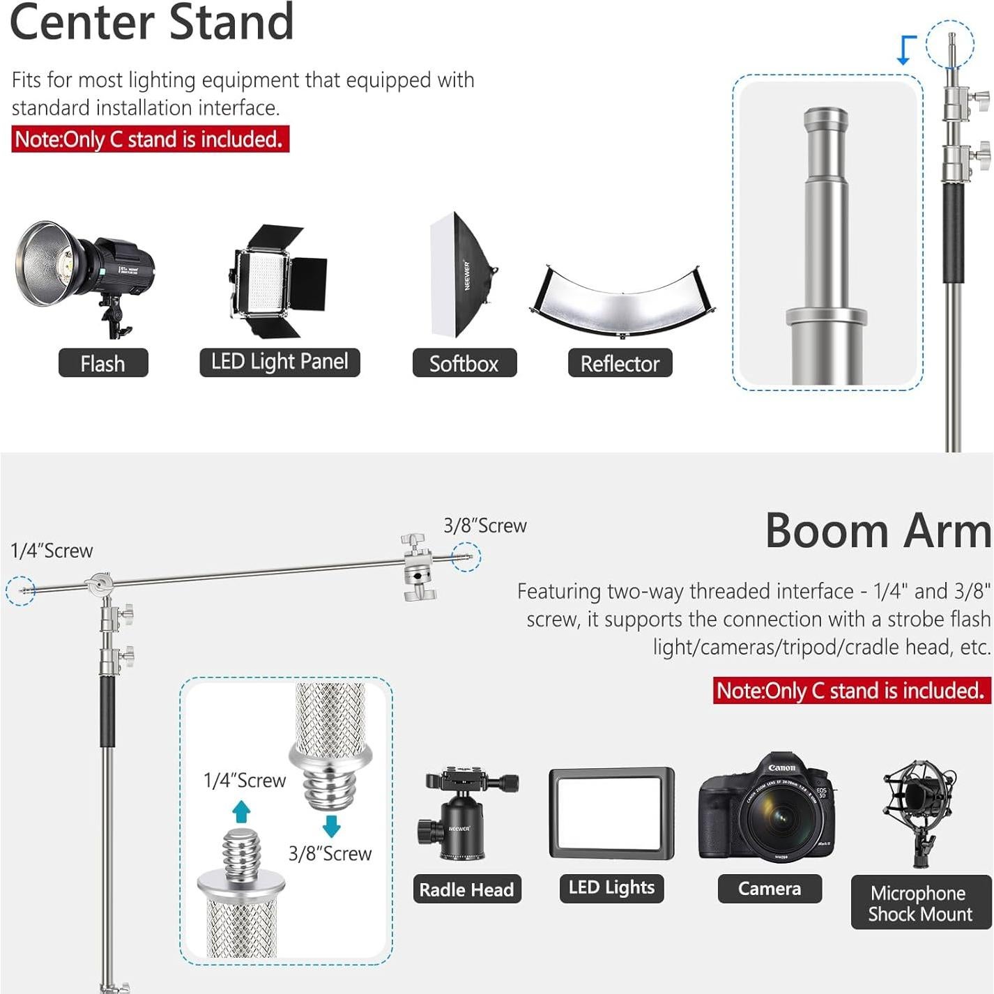 Soporte de Luz C Stand NEEWER 330cm con Ruedas y Brazo 120cm