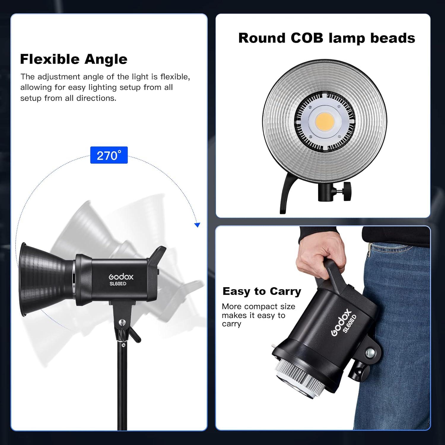 Godox SL60IID LED Video Light,60Ws White 5600K Version Countinuous Output Lighting with Bowens Mount,CRI 96+ TLCI97+,for Video Recording Wedding Product Photo... (3 Pack)