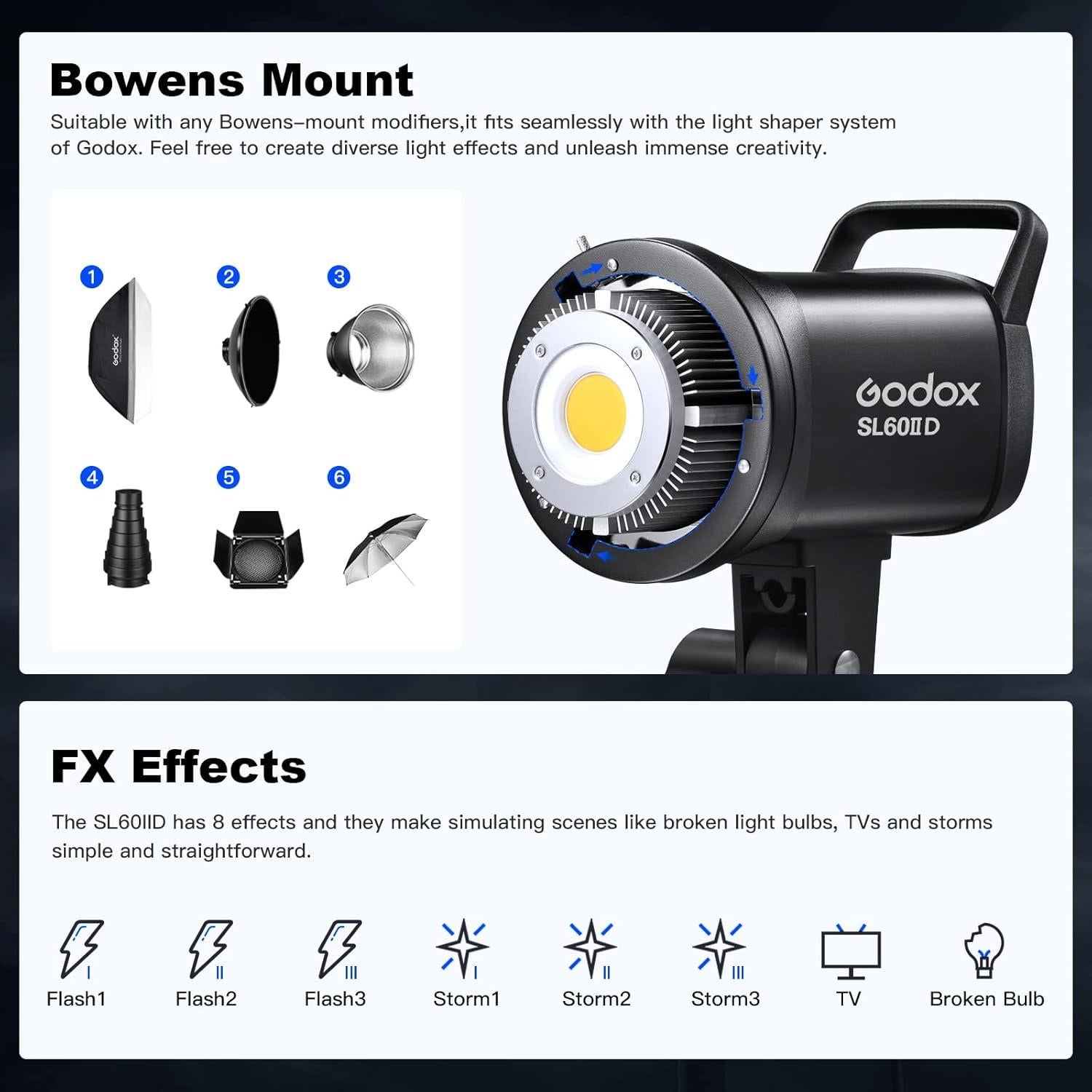 Godox SL60IID LED Video Light,60Ws White 5600K Version Countinuous Output Lighting with Bowens Mount,CRI 96+ TLCI97+,for Video Recording Wedding Product Photo... (3 Pack)