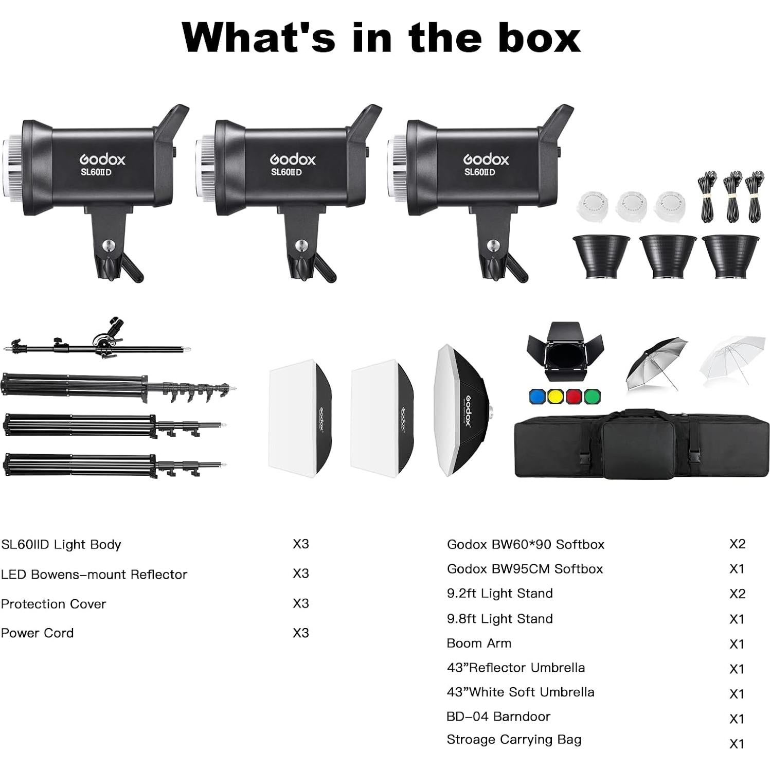 Godox SL60IID LED Video Light,60Ws White 5600K Version Countinuous Output Lighting with Bowens Mount,CRI 96+ TLCI97+,for Video Recording Wedding Product Photo... (3 Pack)