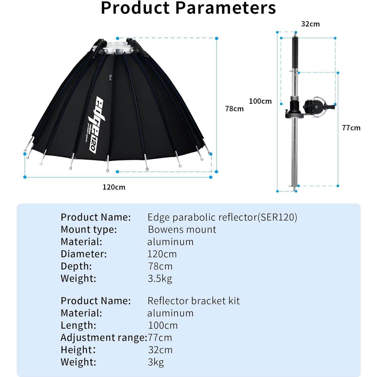 Reflector Parabólico Selens SER120 120cm con Varilla de Enfoque