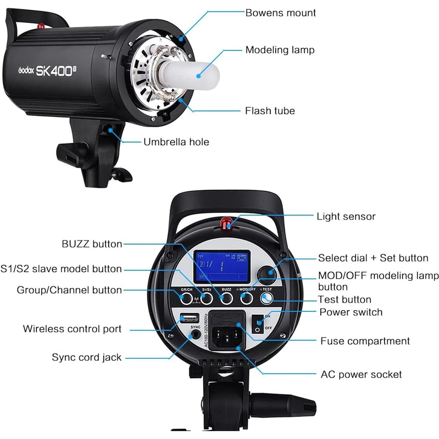 Flash Estroboscópico Godox SK400II 400Ws 5600K 150W para Estudio