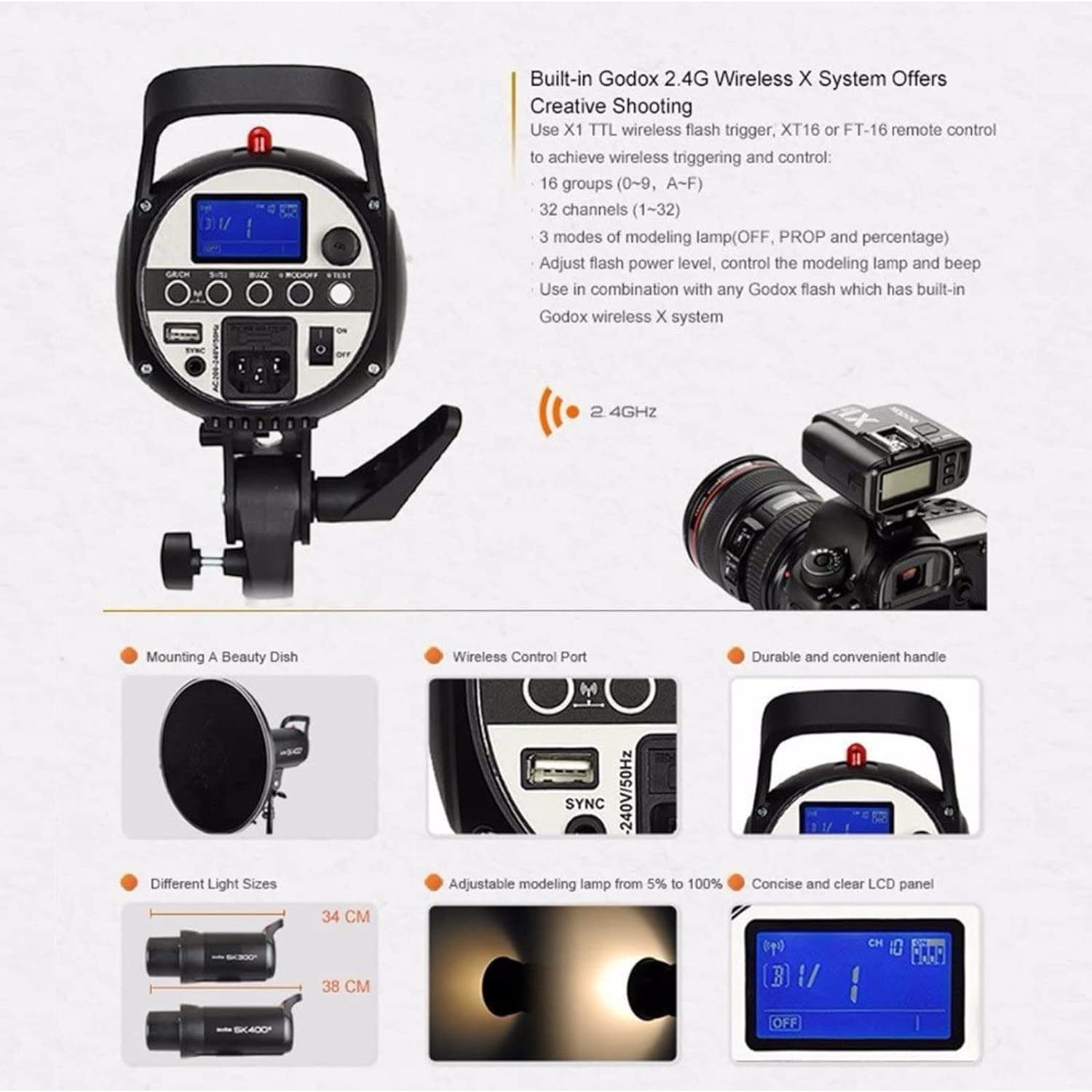 Flash Estroboscópico Godox SK400II 400Ws 5600K 150W para Estudio