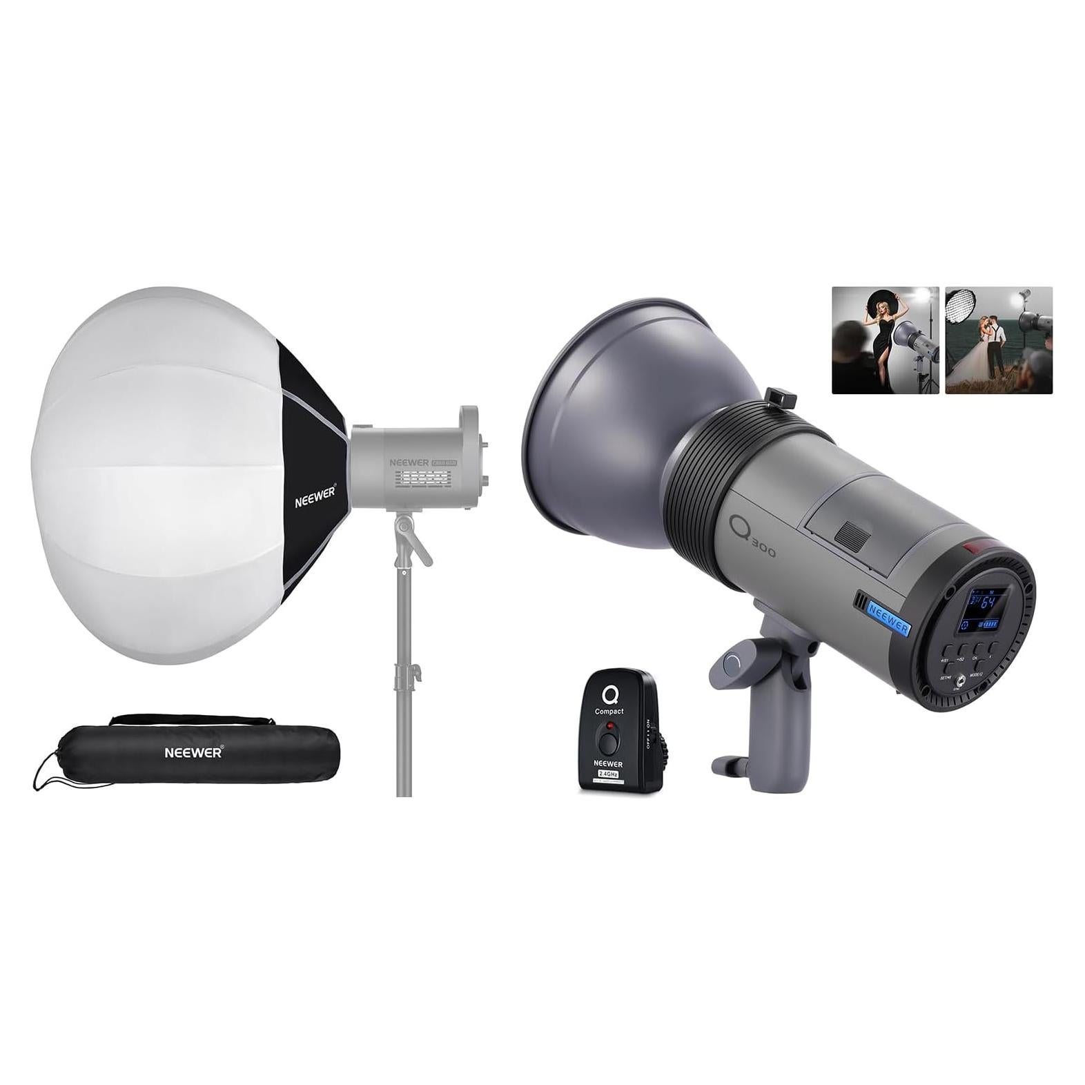 Flash Estudio NEEWER Q300 300Ws con Softbox 26" y Batería 7800mAh