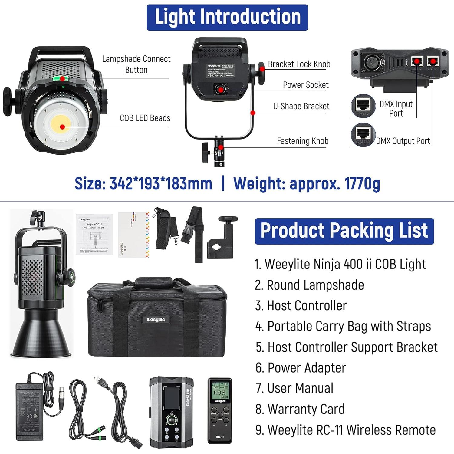 Weeylite Ninja 400 Luz de Video LED 150W Bi-Color 2800-6800K
