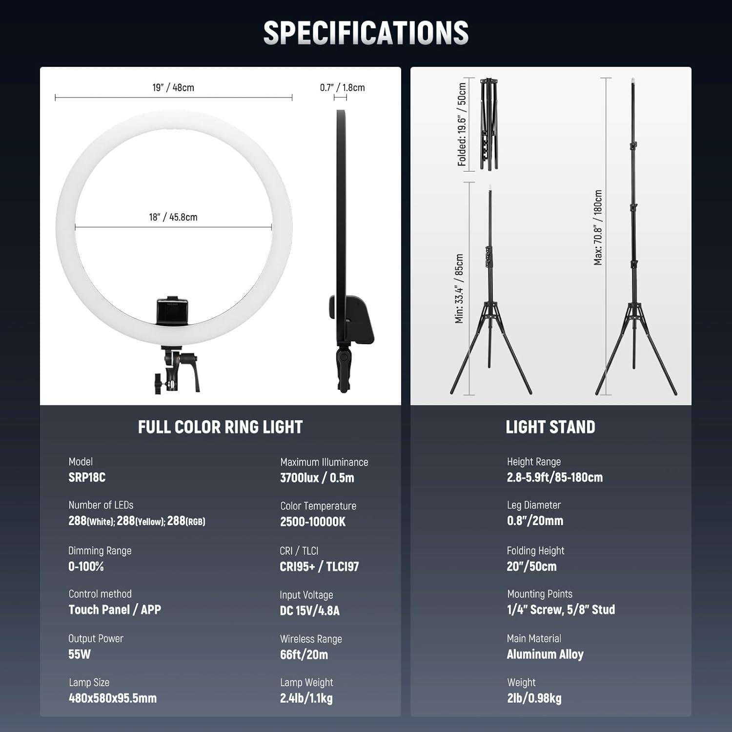 Kit de Luz de Anillo LED RGB NEEWER SRP18C 18" con Trípode