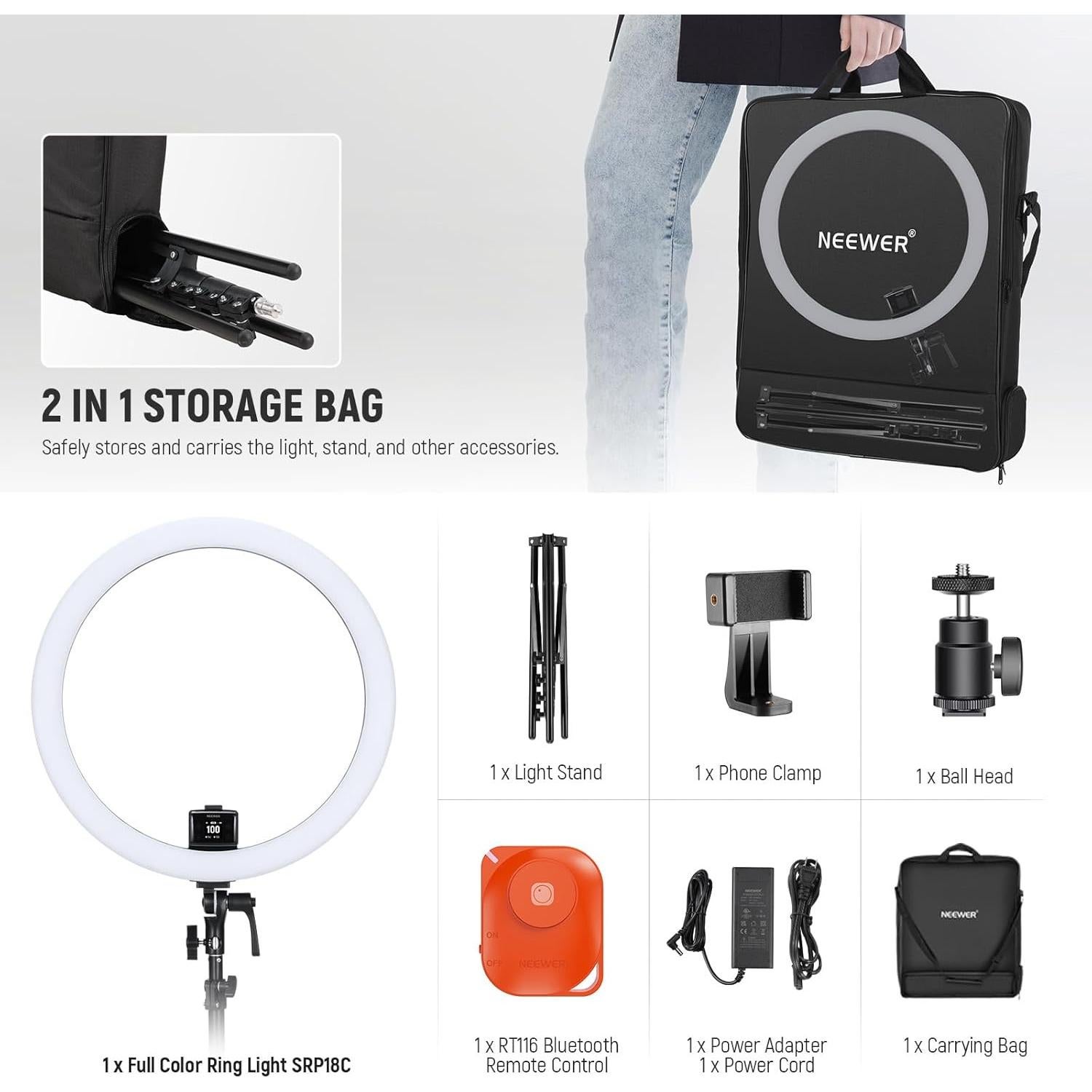 Kit de Luz de Anillo LED RGB NEEWER SRP18C 18" con Trípode