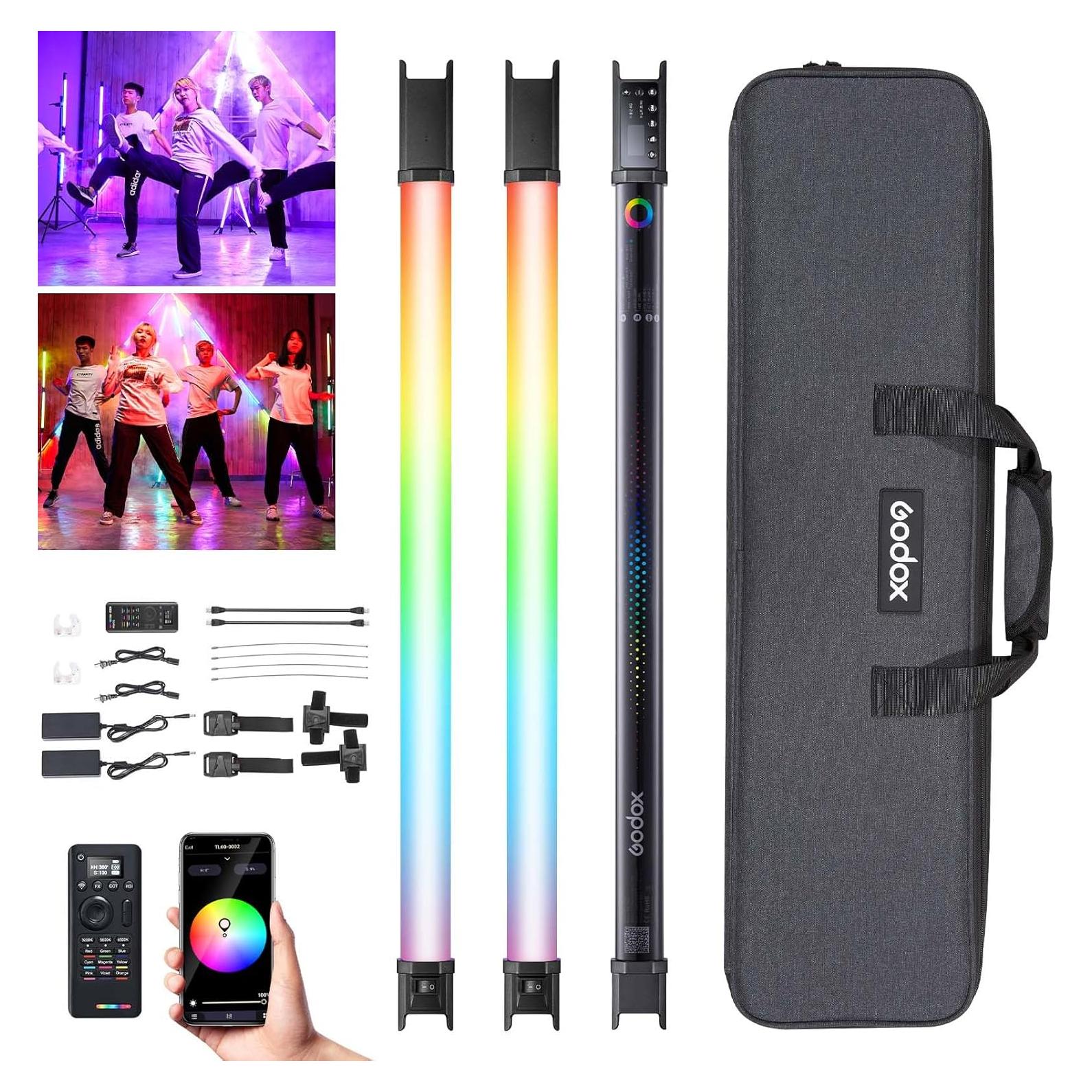 Godox 2Pack TL60 RGB Tube Light Kit Full Color Portable LED Video Light with 2600mAh Rechargeable Battery APP Control 2700K-6500K RGB CCT HSI Gel Mode 39 FX Effects for Photography TikTok YouTube