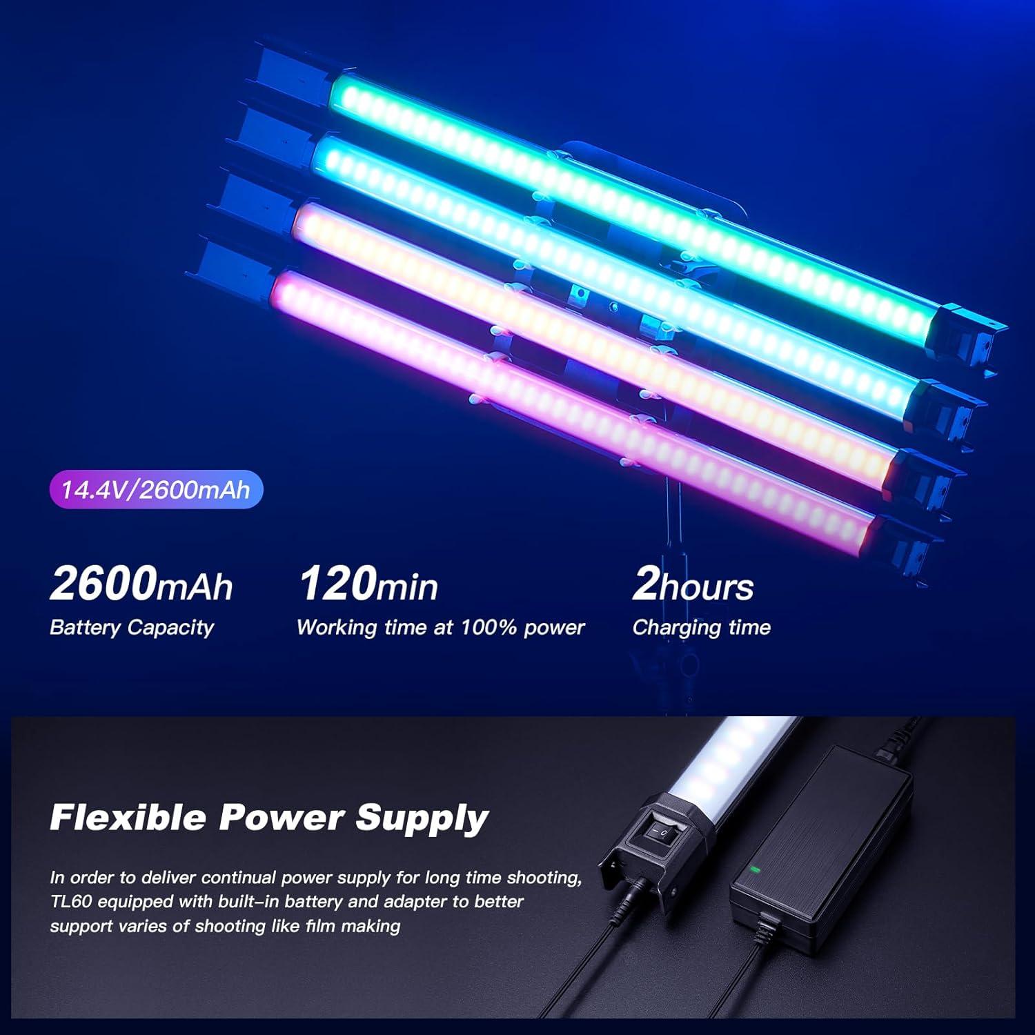 Godox 2Pack TL60 RGB Tube Light Kit Full Color Portable LED Video Light with 2600mAh Rechargeable Battery APP Control 2700K-6500K RGB CCT HSI Gel Mode 39 FX Effects for Photography TikTok YouTube