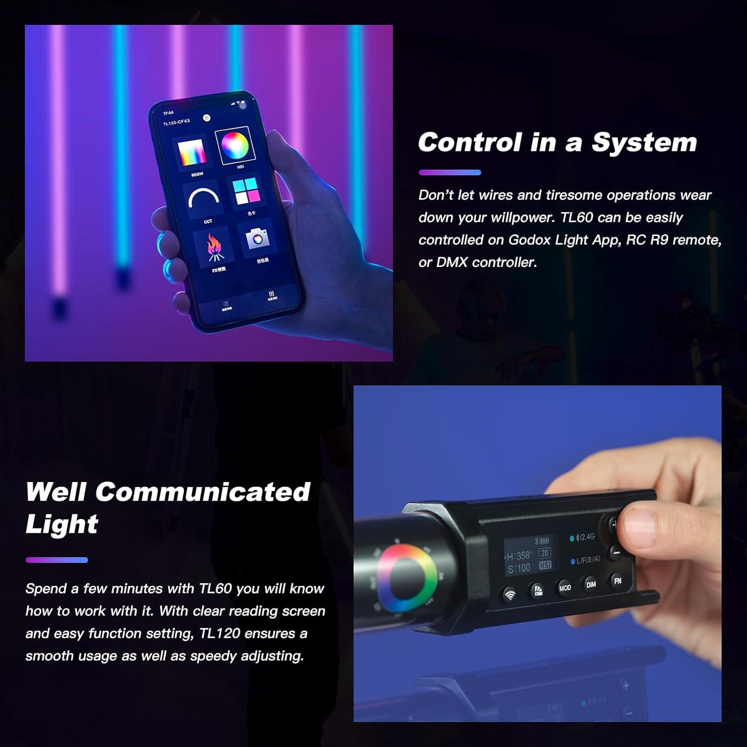 Godox 2Pack TL60 RGB Tube Light Kit Full Color Portable LED Video Light with 2600mAh Rechargeable Battery APP Control 2700K-6500K RGB CCT HSI Gel Mode 39 FX Effects for Photography TikTok YouTube